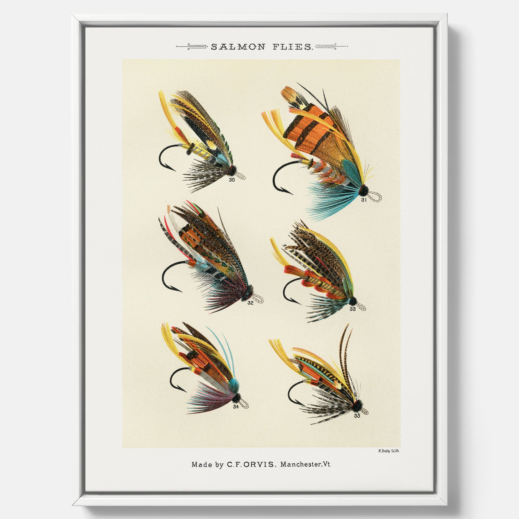 Vintageposter med illustration av fiskedrag för att flugfiska lax, skapad av Mary Orvis Marbury canvas