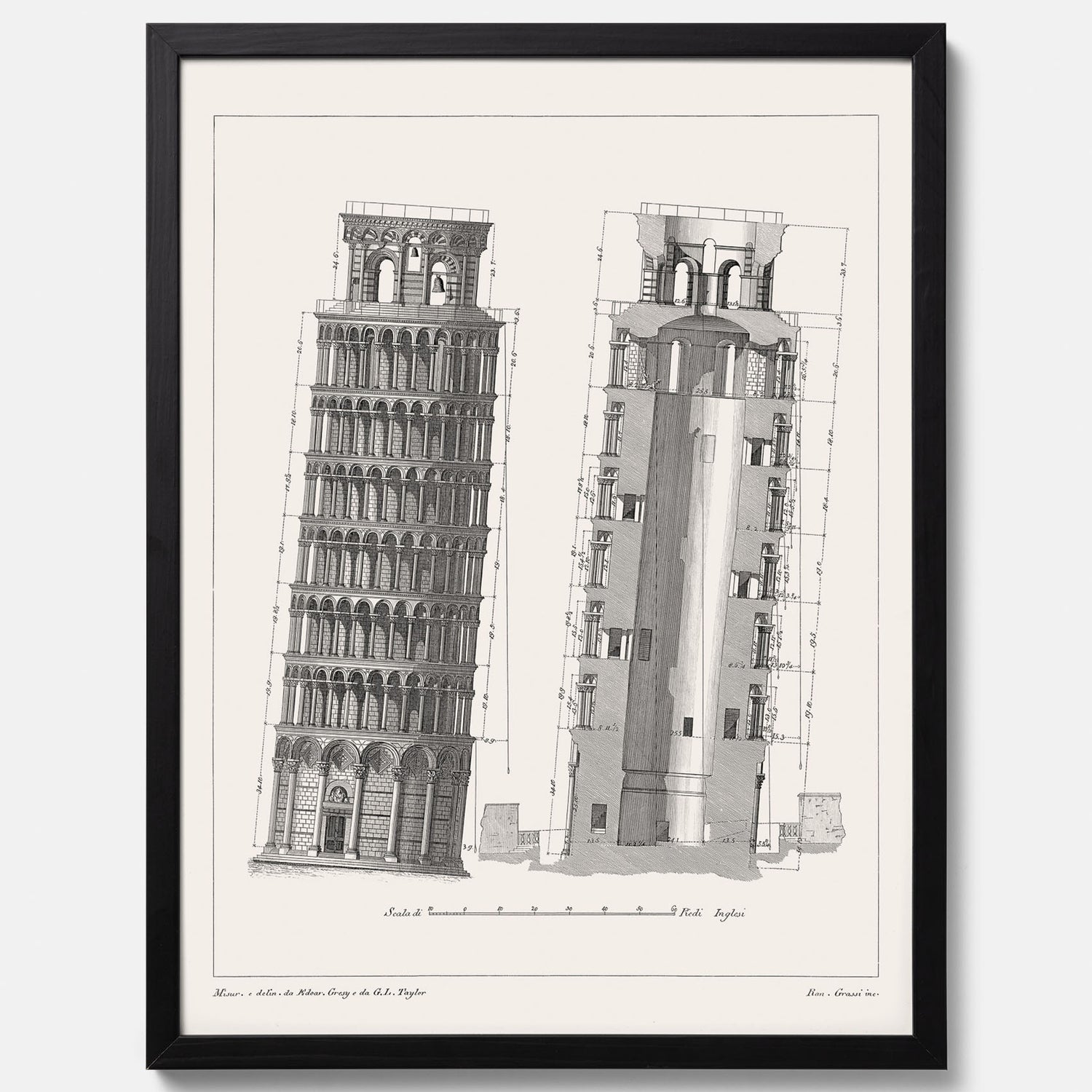 Tavla med en vintageposter som visar en illustration av Lutande tornet i Pisa, arkitektritning