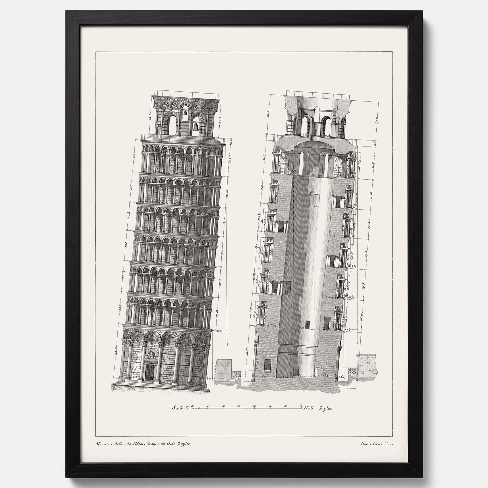 Tavla med en vintageposter som visar en illustration av Lutande tornet i Pisa, arkitektritning