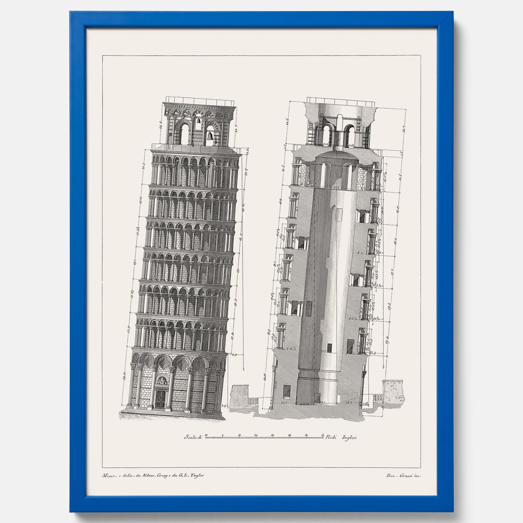 Tavla med en vintageposter som visar en illustration av Lutande tornet i Pisa, arkitektritning