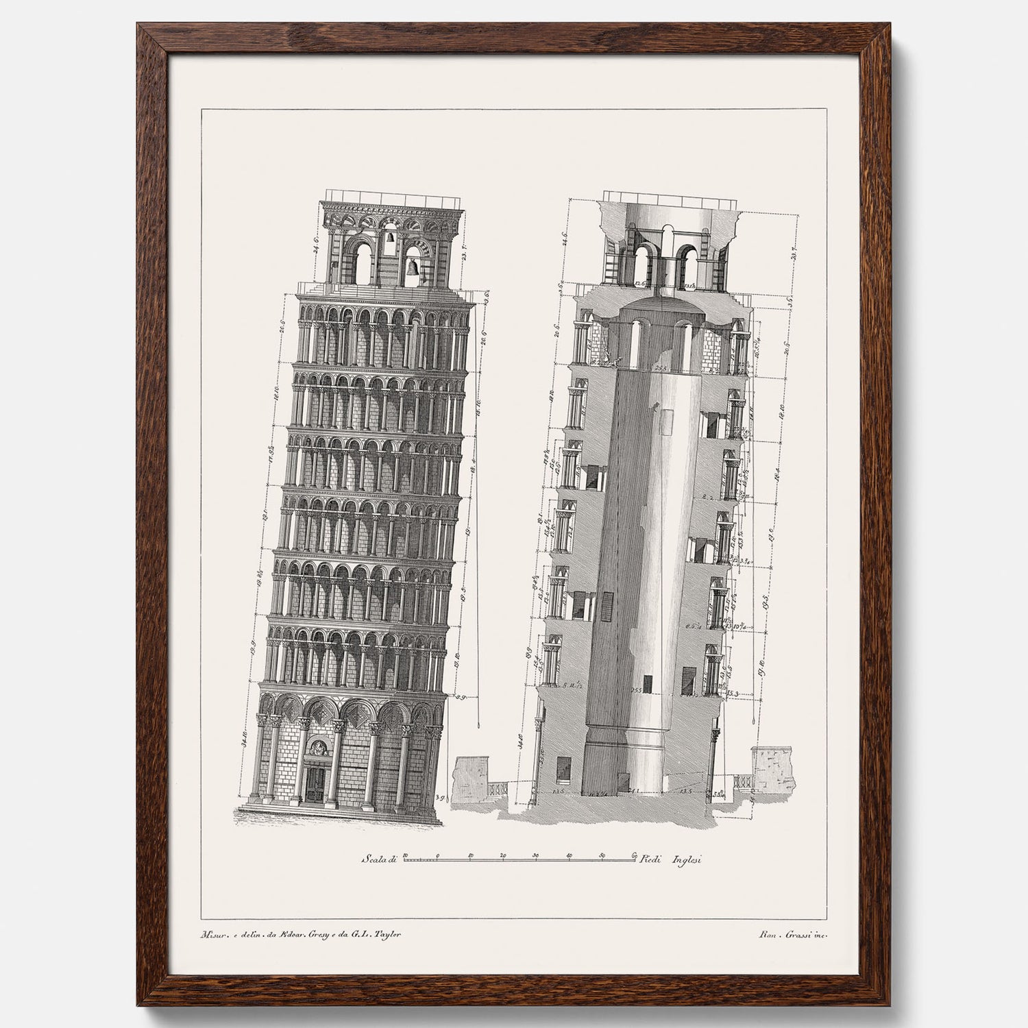 Tavla med en vintageposter som visar en illustration av Lutande tornet i Pisa, arkitektritning