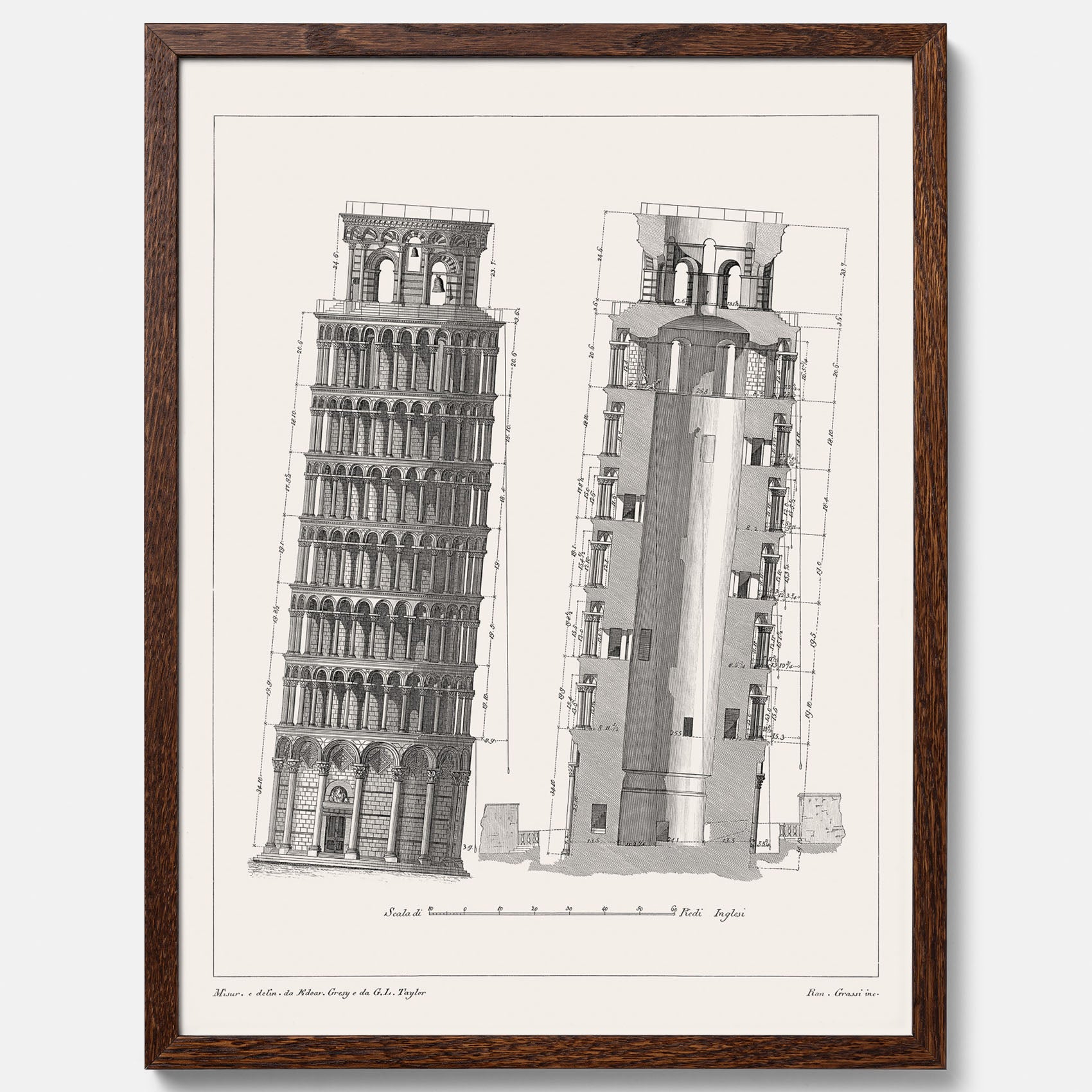 Tavla med en vintageposter som visar en illustration av Lutande tornet i Pisa, arkitektritning