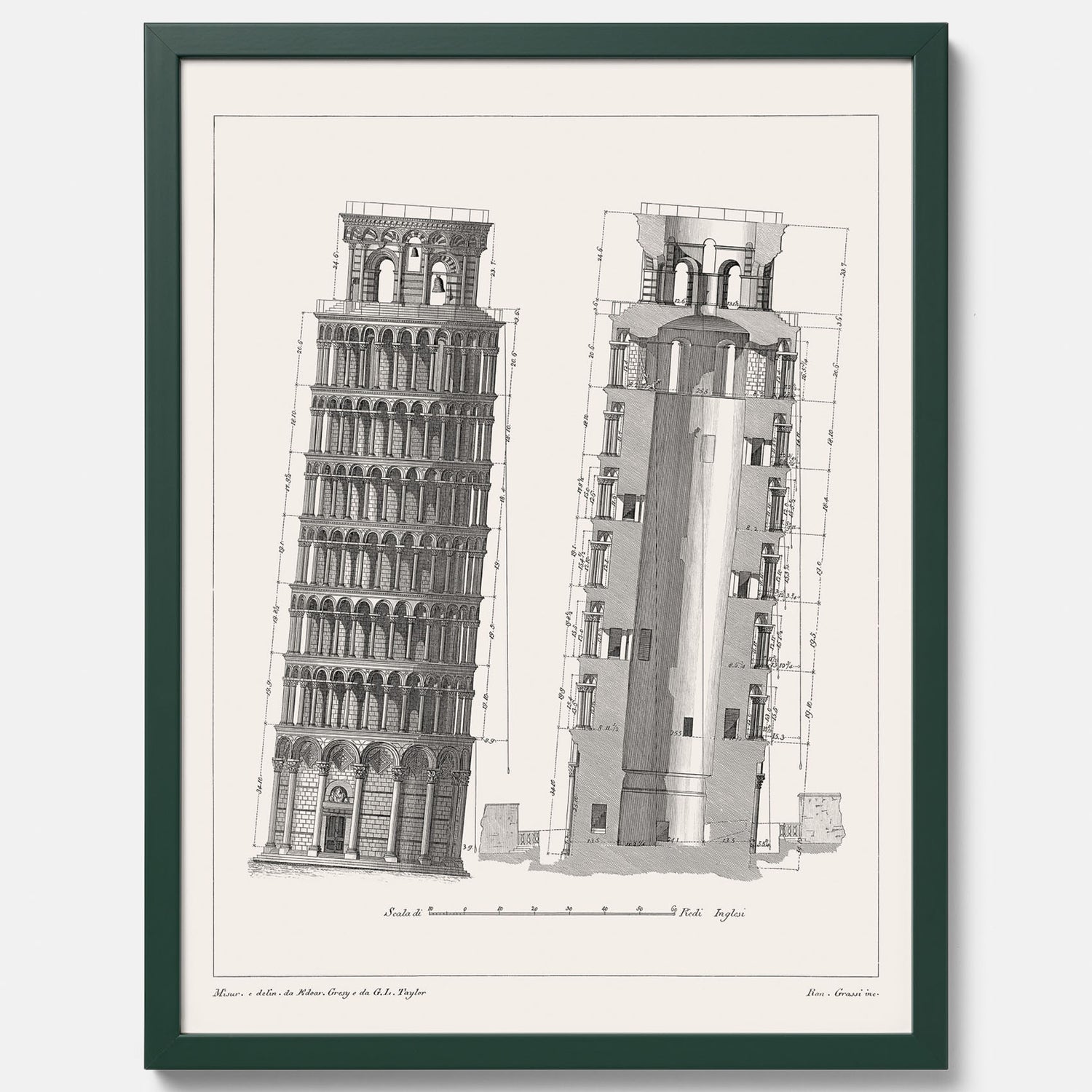 Tavla med en vintageposter som visar en illustration av Lutande tornet i Pisa, arkitektritning