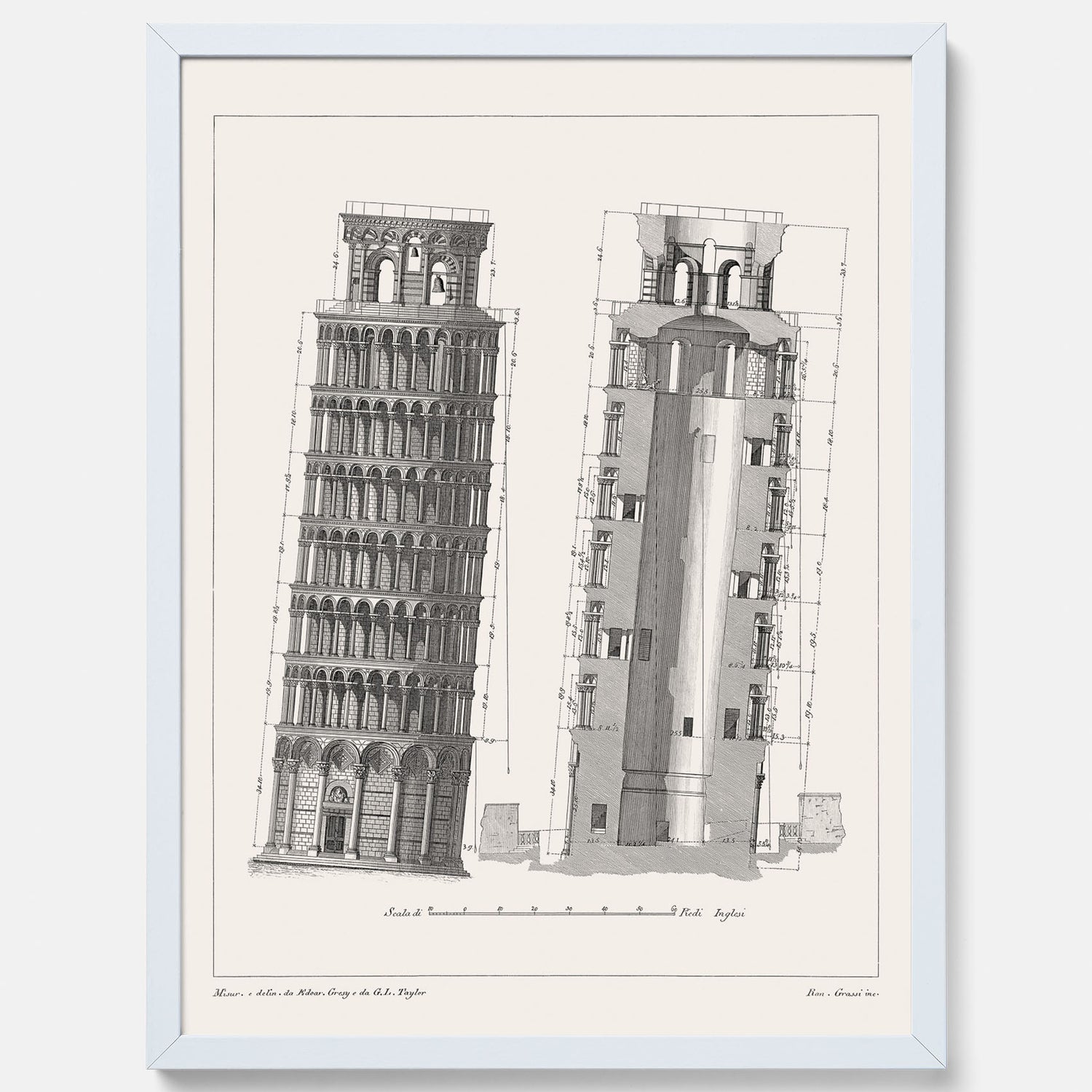 Tavla med en vintageposter som visar en illustration av Lutande tornet i Pisa, arkitektritning