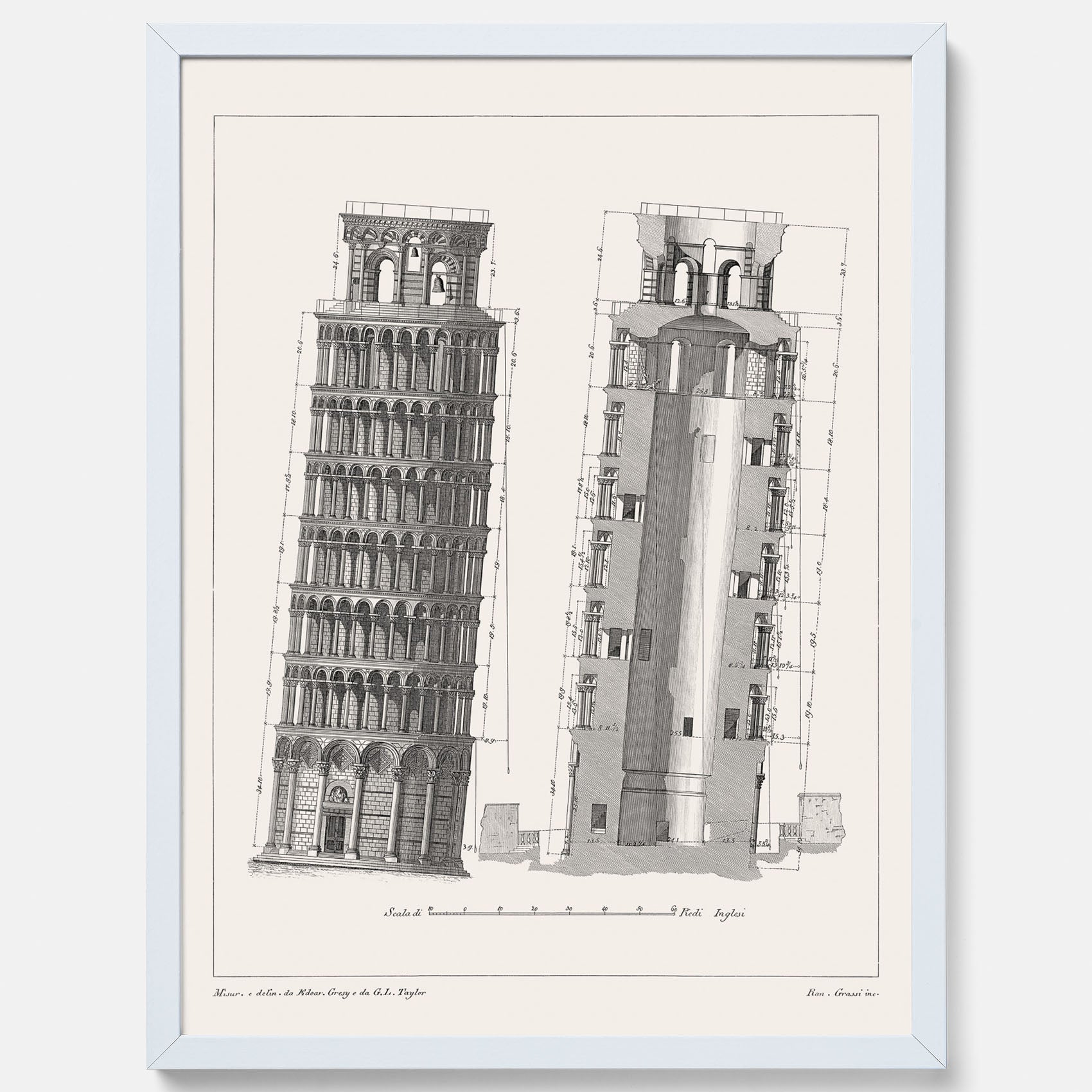 Tavla med en vintageposter som visar en illustration av Lutande tornet i Pisa, arkitektritning