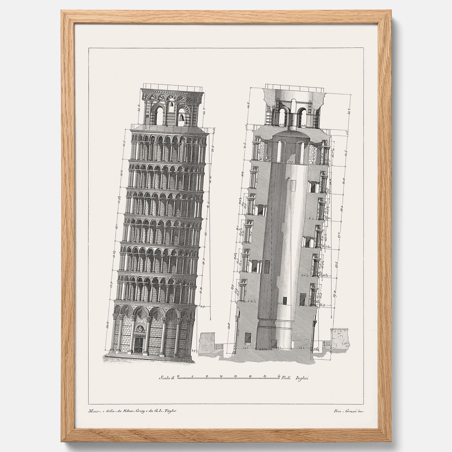 Tavla med en vintageposter som visar en illustration av Lutande tornet i Pisa, arkitektritning