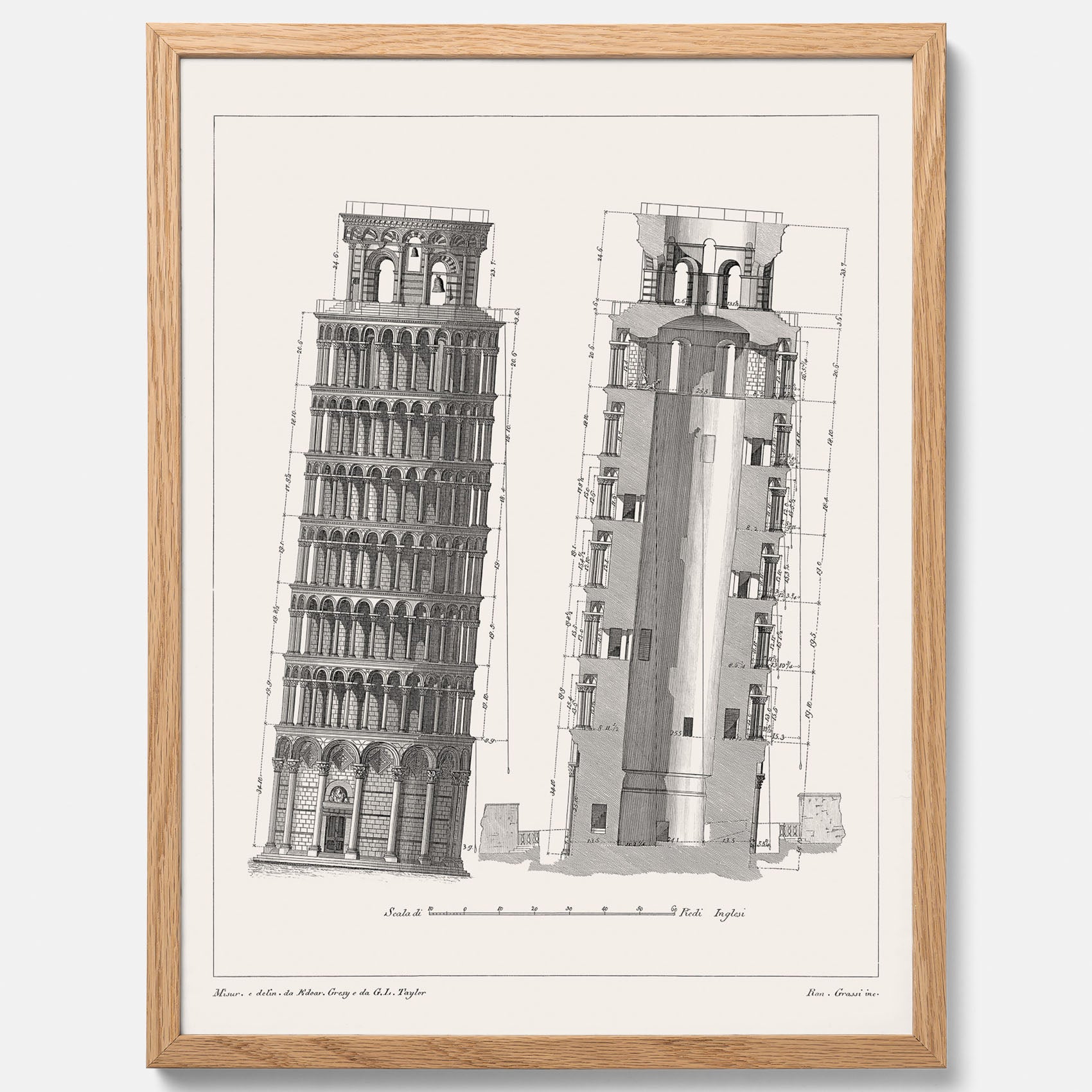 Tavla med en vintageposter som visar en illustration av Lutande tornet i Pisa, arkitektritning
