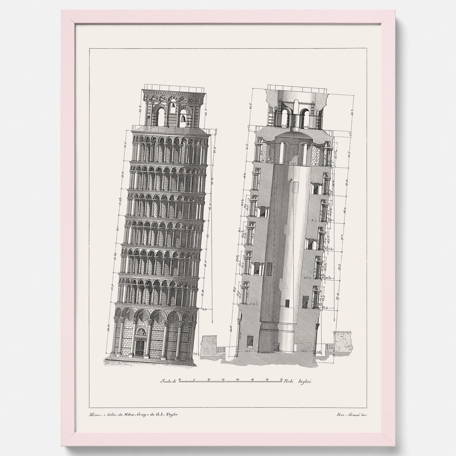 Tavla med en vintageposter som visar en illustration av Lutande tornet i Pisa, arkitektritning