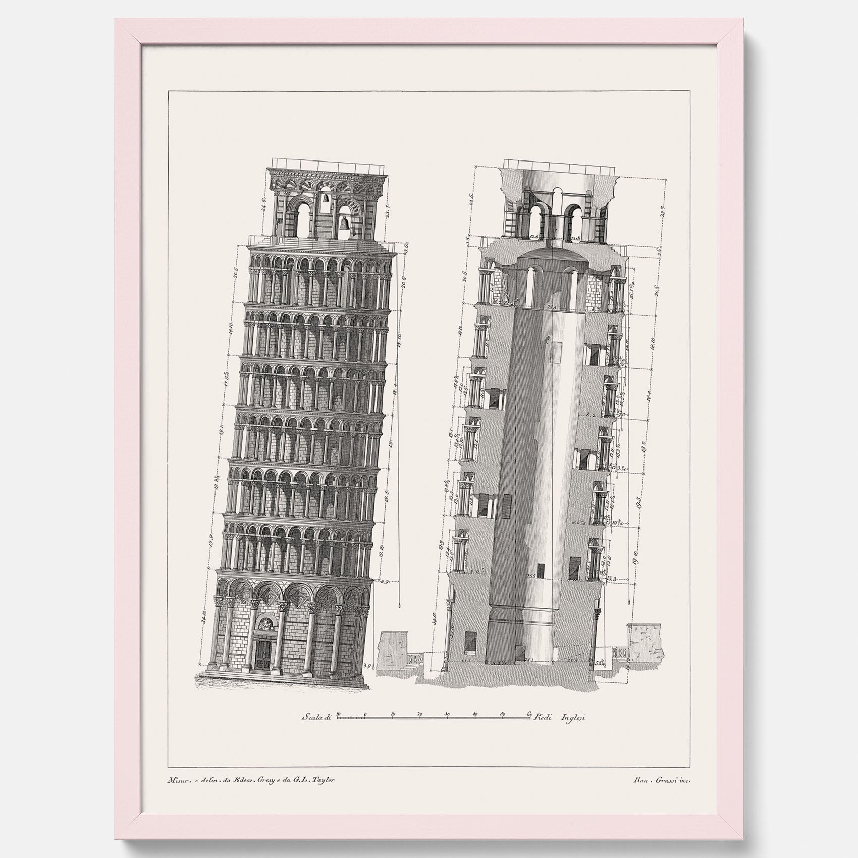 Tavla med en vintageposter som visar en illustration av Lutande tornet i Pisa, arkitektritning
