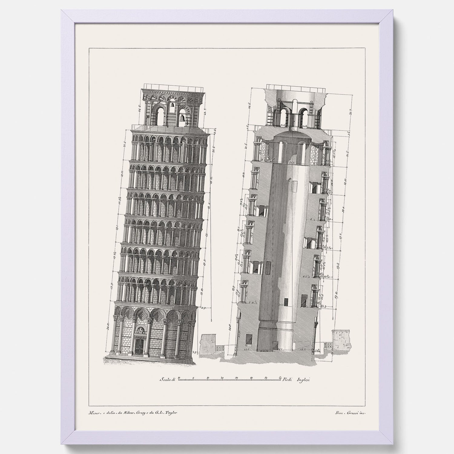 Tavla med en vintageposter som visar en illustration av Lutande tornet i Pisa, arkitektritning