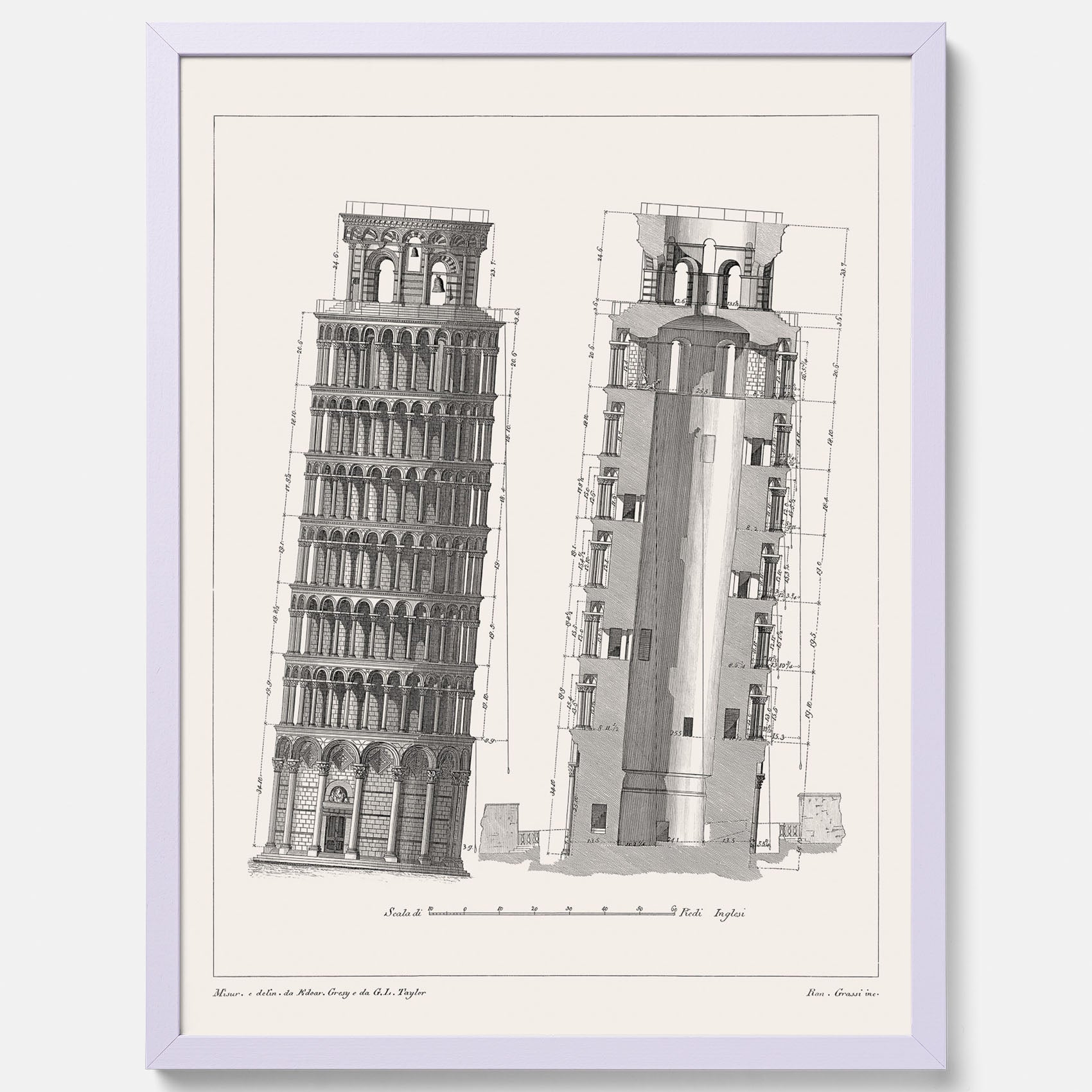 Tavla med en vintageposter som visar en illustration av Lutande tornet i Pisa, arkitektritning