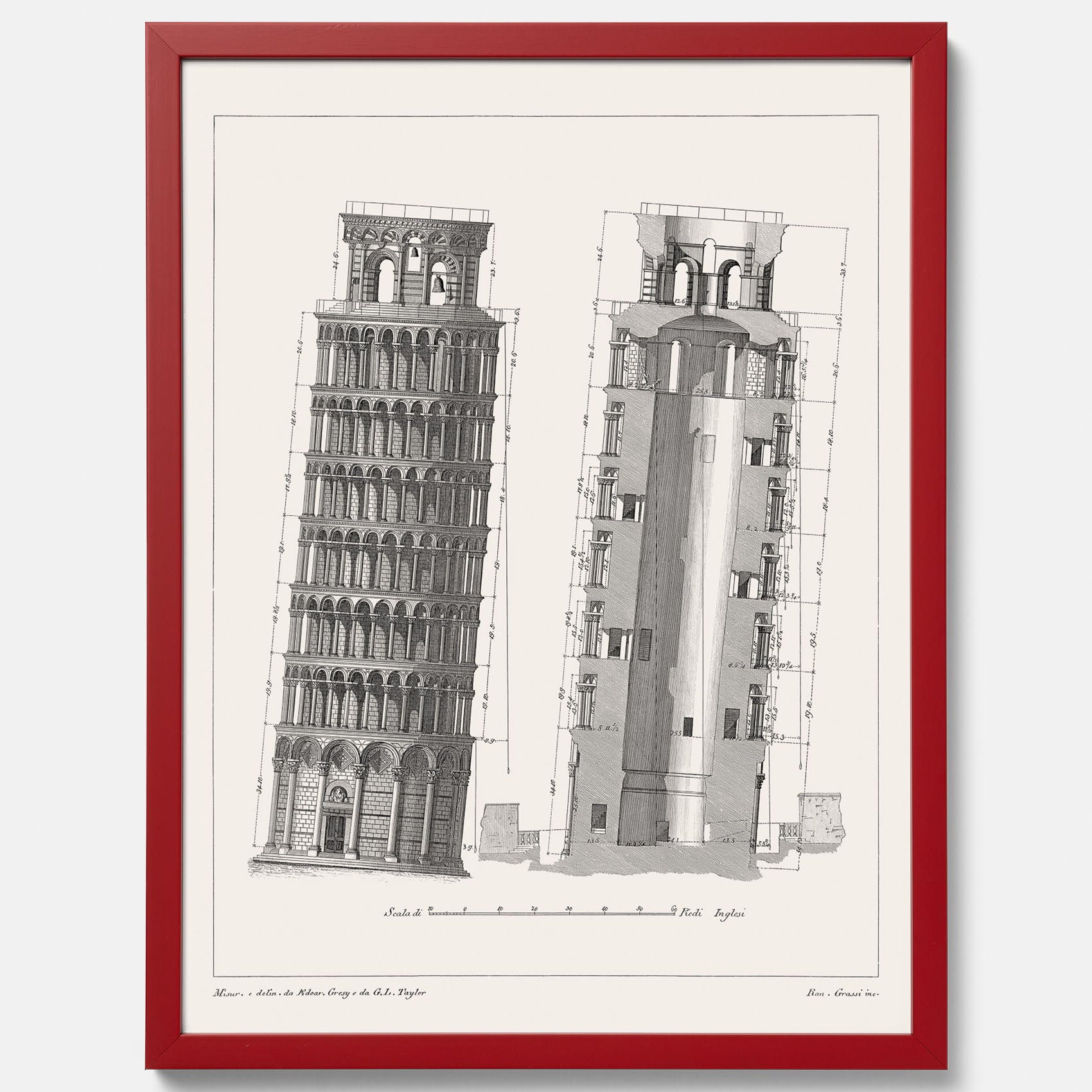 Tavla med en vintageposter som visar en illustration av Lutande tornet i Pisa, arkitektritning