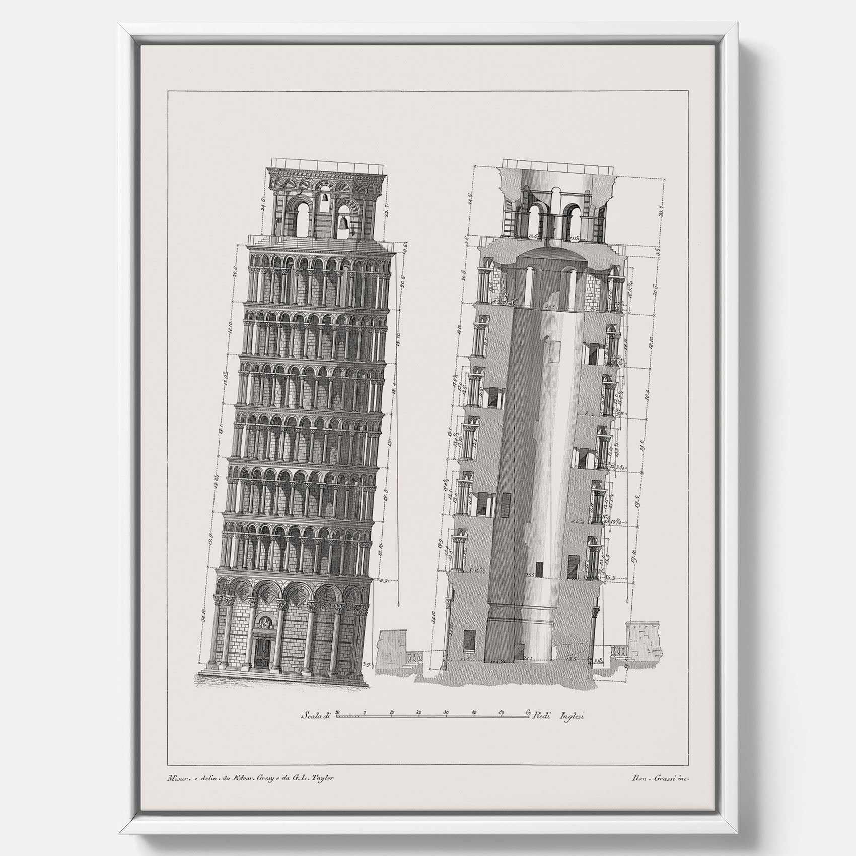 Canvastavla med en vintageposter som visar en illustration av Lutande tornet i Pisa, arkitektritning
