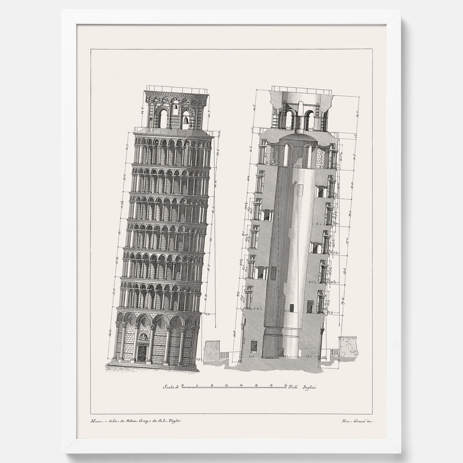 Tavla med en vintageposter som visar en illustration av Lutande tornet i Pisa, arkitektritning