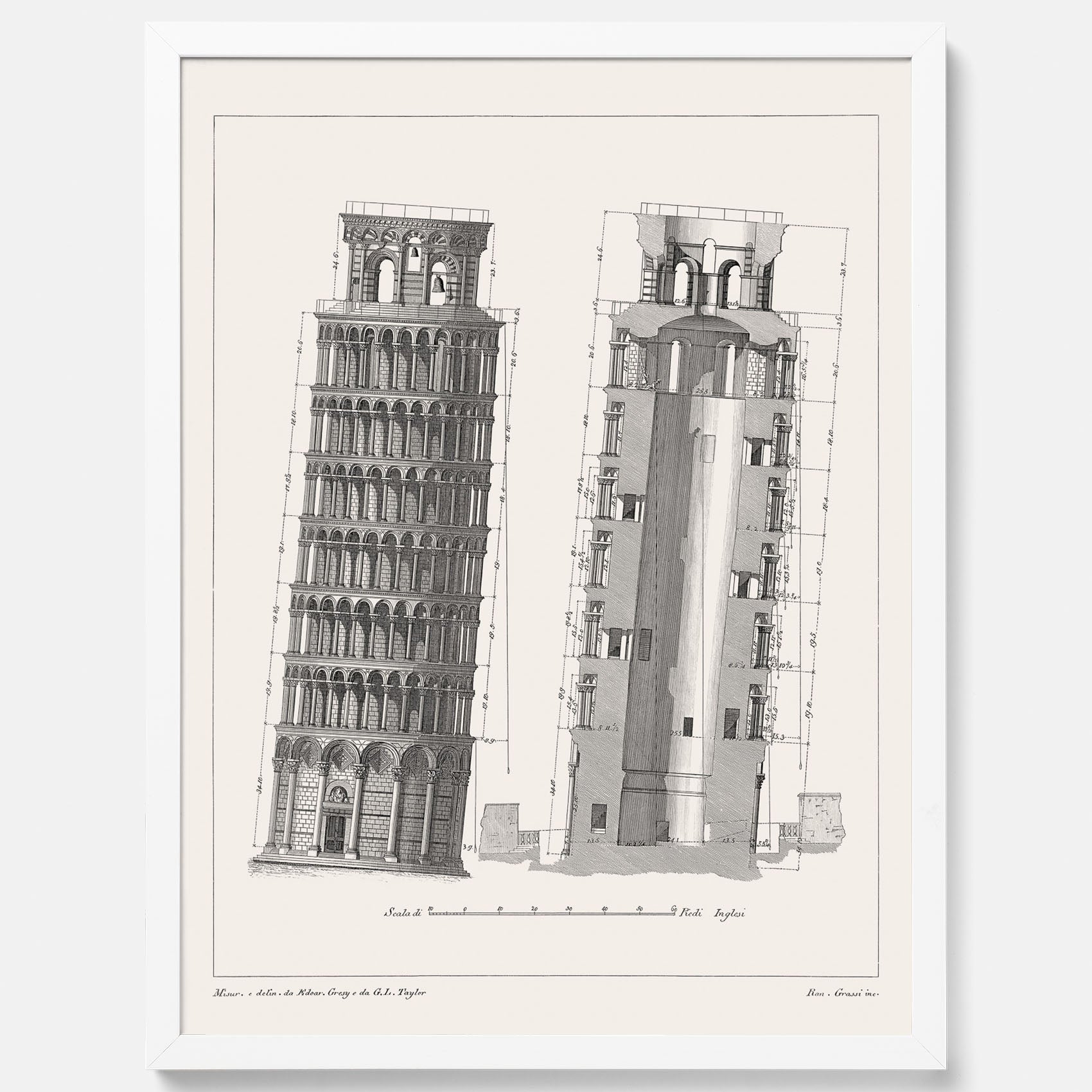 Tavla med en vintageposter som visar en illustration av Lutande tornet i Pisa, arkitektritning