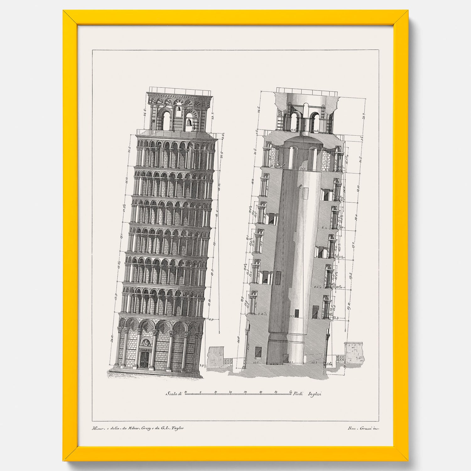 Tavla med en vintageposter som visar en illustration av Lutande tornet i Pisa, arkitektritning