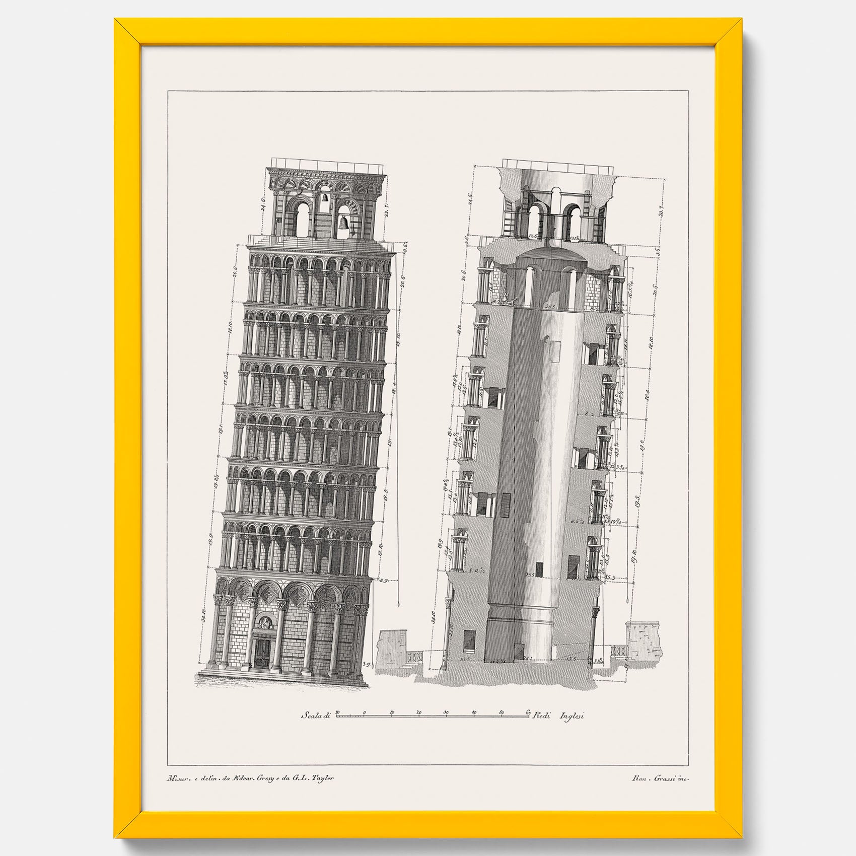 Tavla med en vintageposter som visar en illustration av Lutande tornet i Pisa, arkitektritning