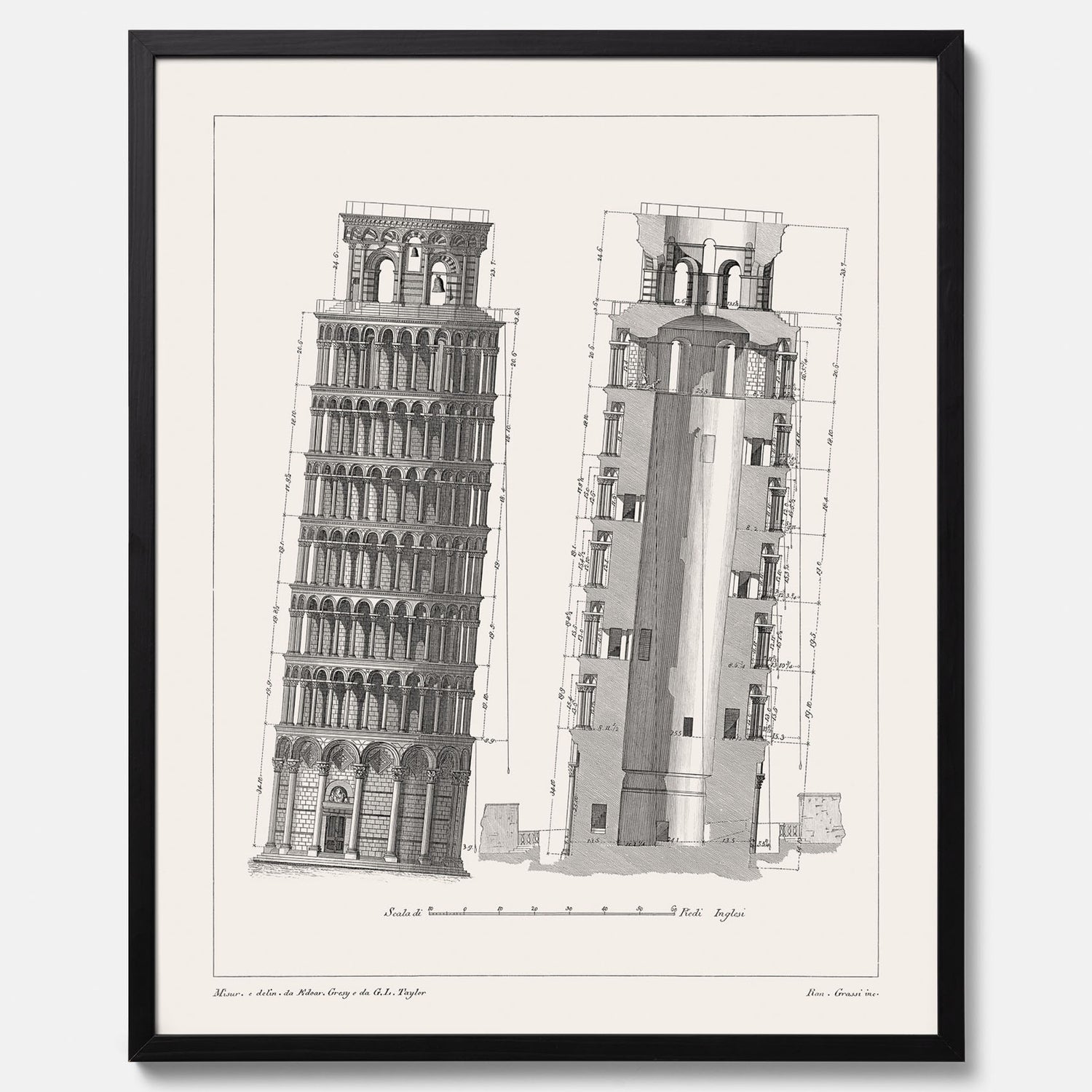 Tavla med en vintageposter som visar en illustration av Lutande tornet i Pisa, arkitektritning