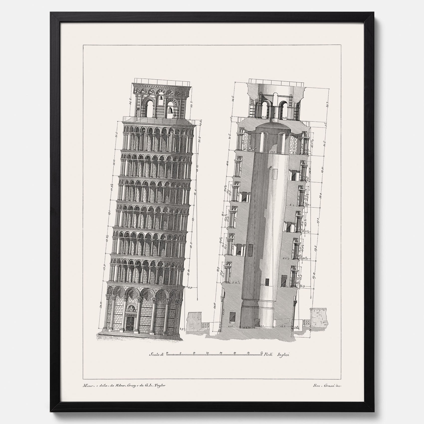 Tavla med en vintageposter som visar en illustration av Lutande tornet i Pisa, arkitektritning
