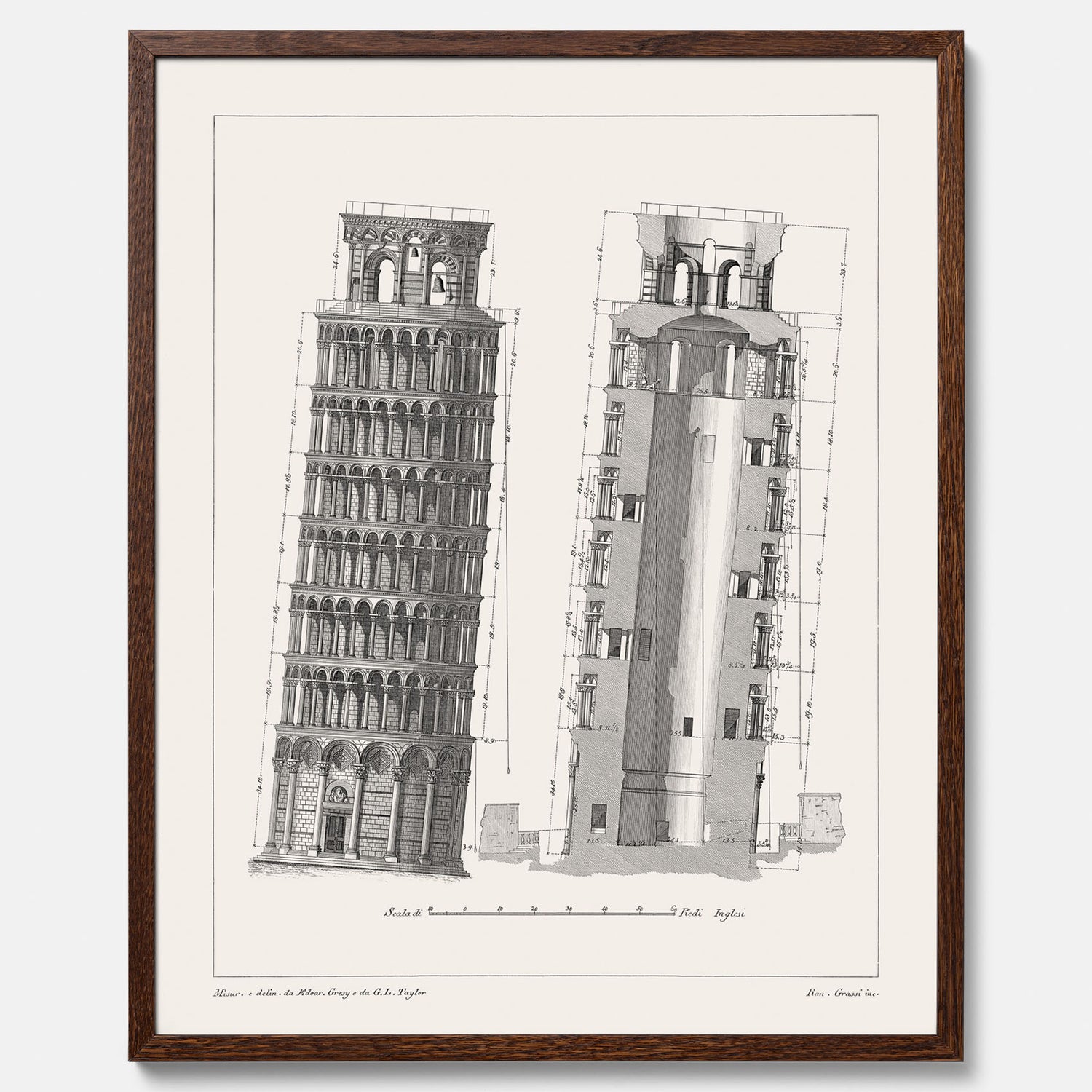 Tavla med en vintageposter som visar en illustration av Lutande tornet i Pisa, arkitektritning