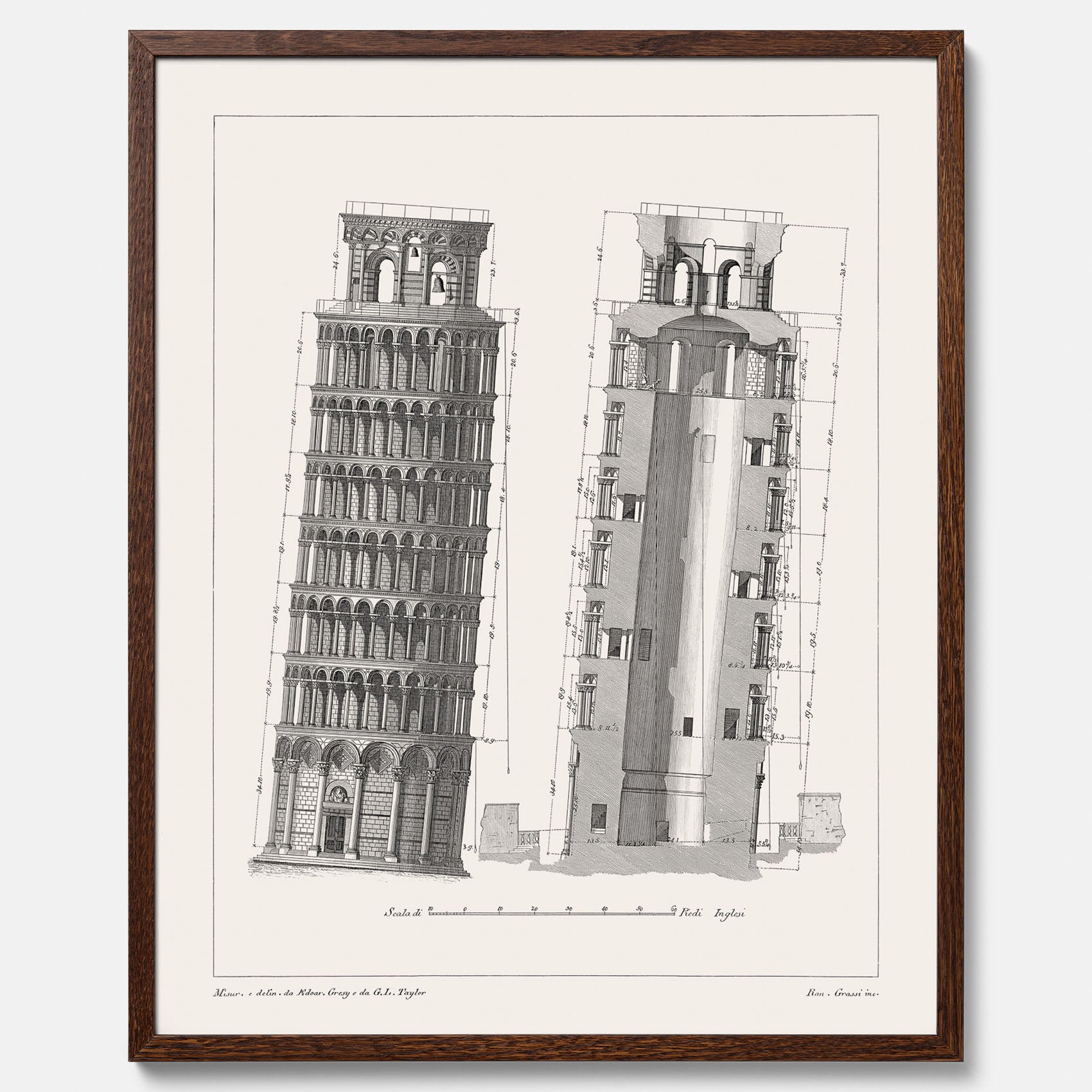 Tavla med en vintageposter som visar en illustration av Lutande tornet i Pisa, arkitektritning