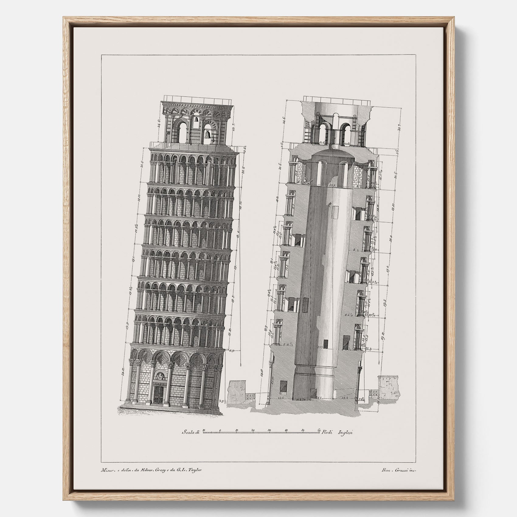 Canvastavla med en vintageposter som visar en illustration av Lutande tornet i Pisa, arkitektritning