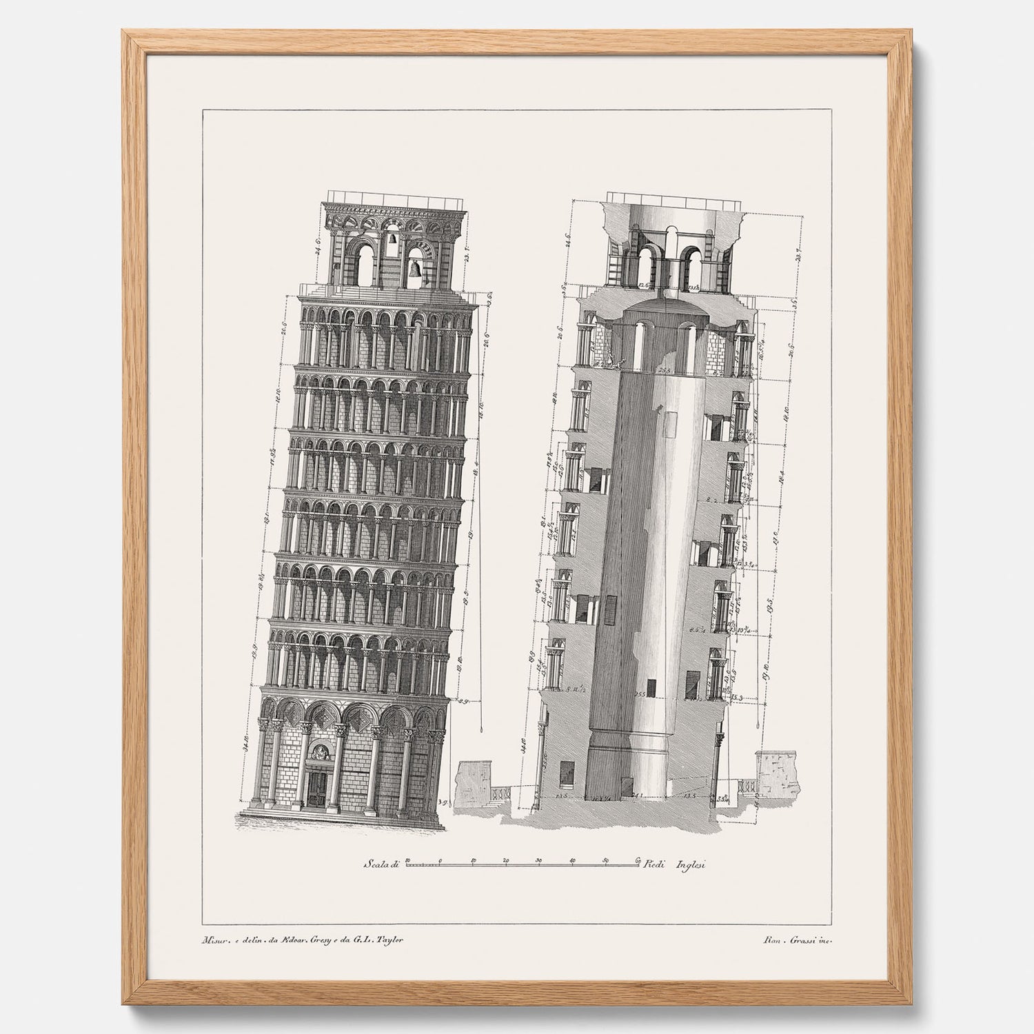 Tavla med en vintageposter som visar en illustration av Lutande tornet i Pisa, arkitektritning