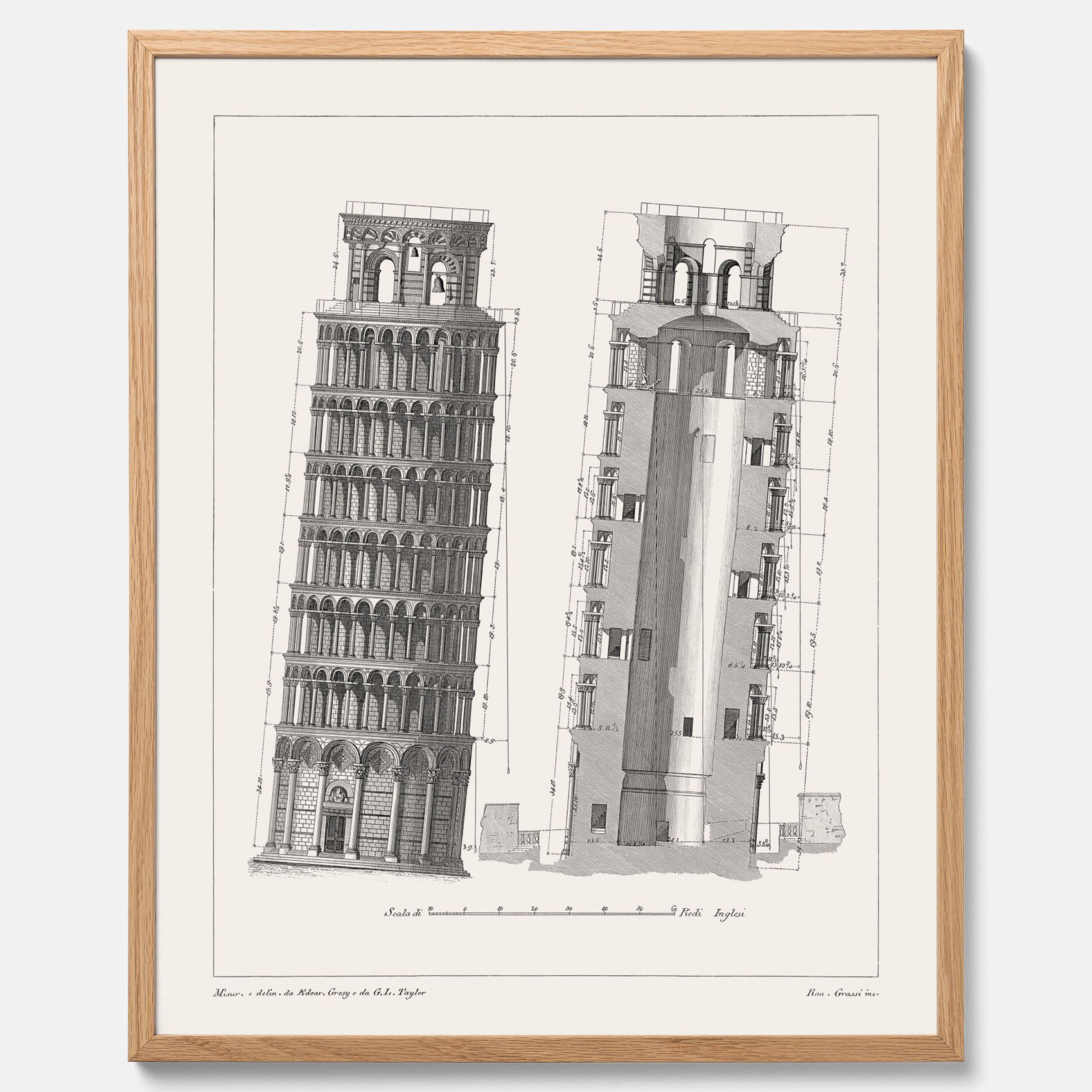 Tavla med en vintageposter som visar en illustration av Lutande tornet i Pisa, arkitektritning