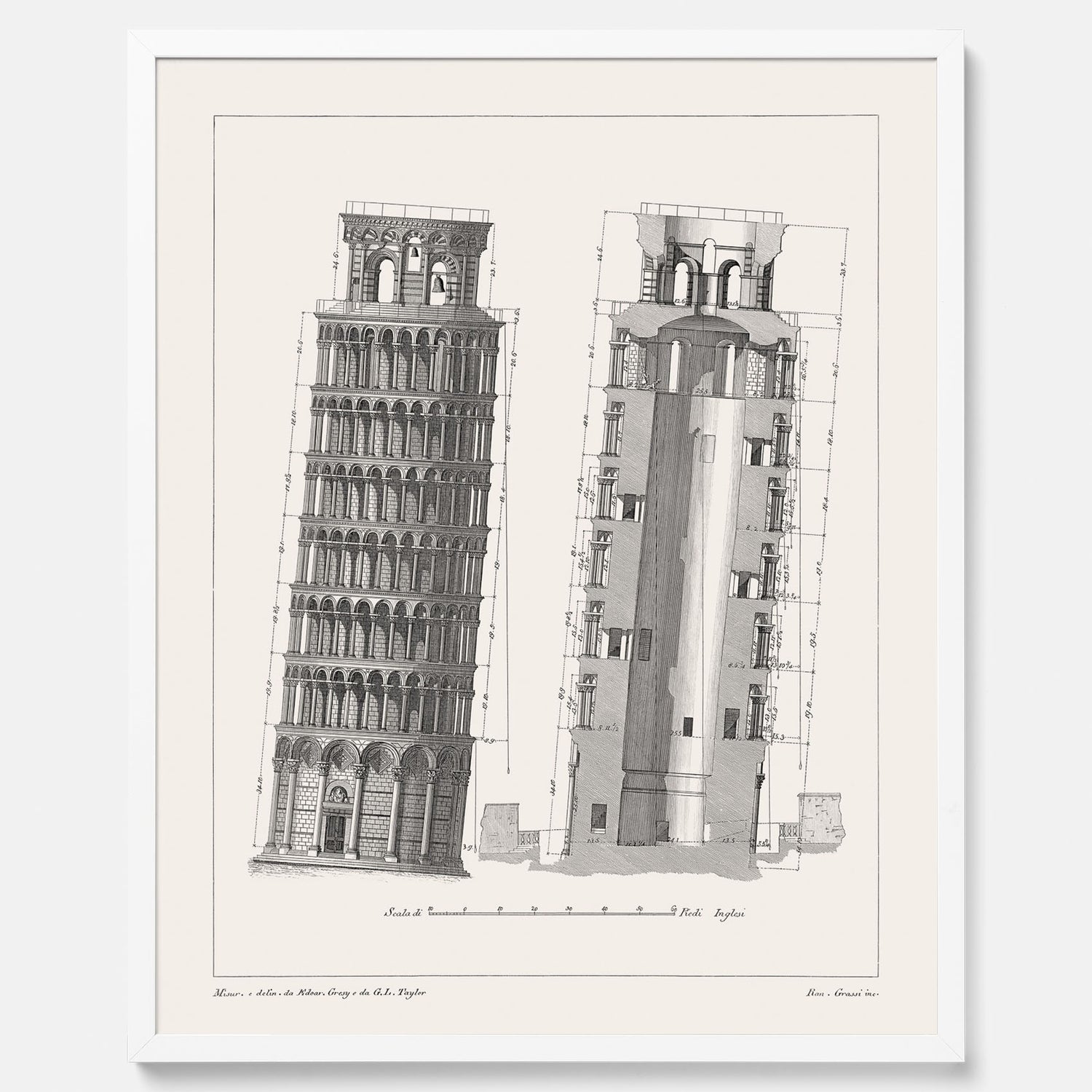 Tavla med en vintageposter som visar en illustration av Lutande tornet i Pisa, arkitektritning