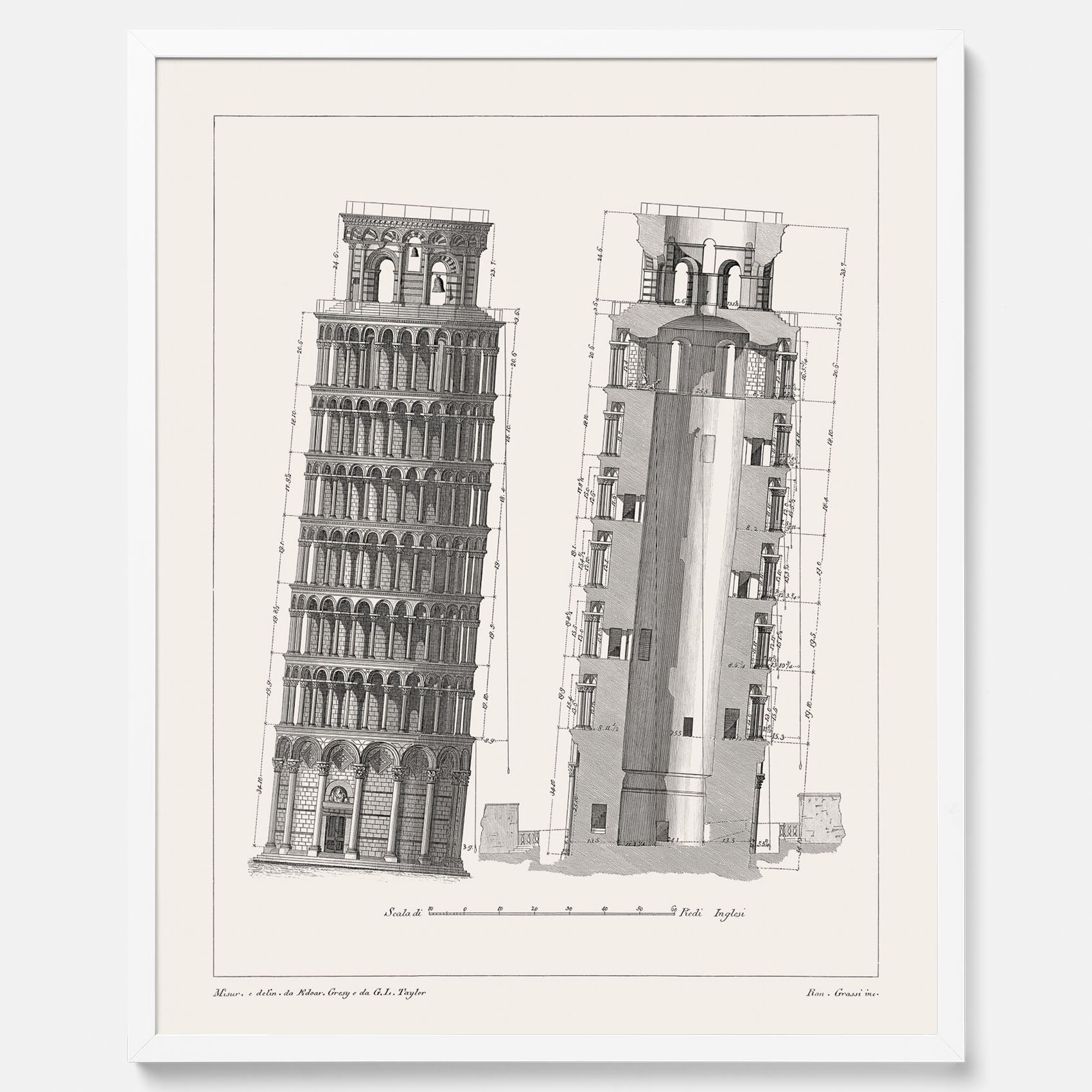 Tavla med en vintageposter som visar en illustration av Lutande tornet i Pisa, arkitektritning