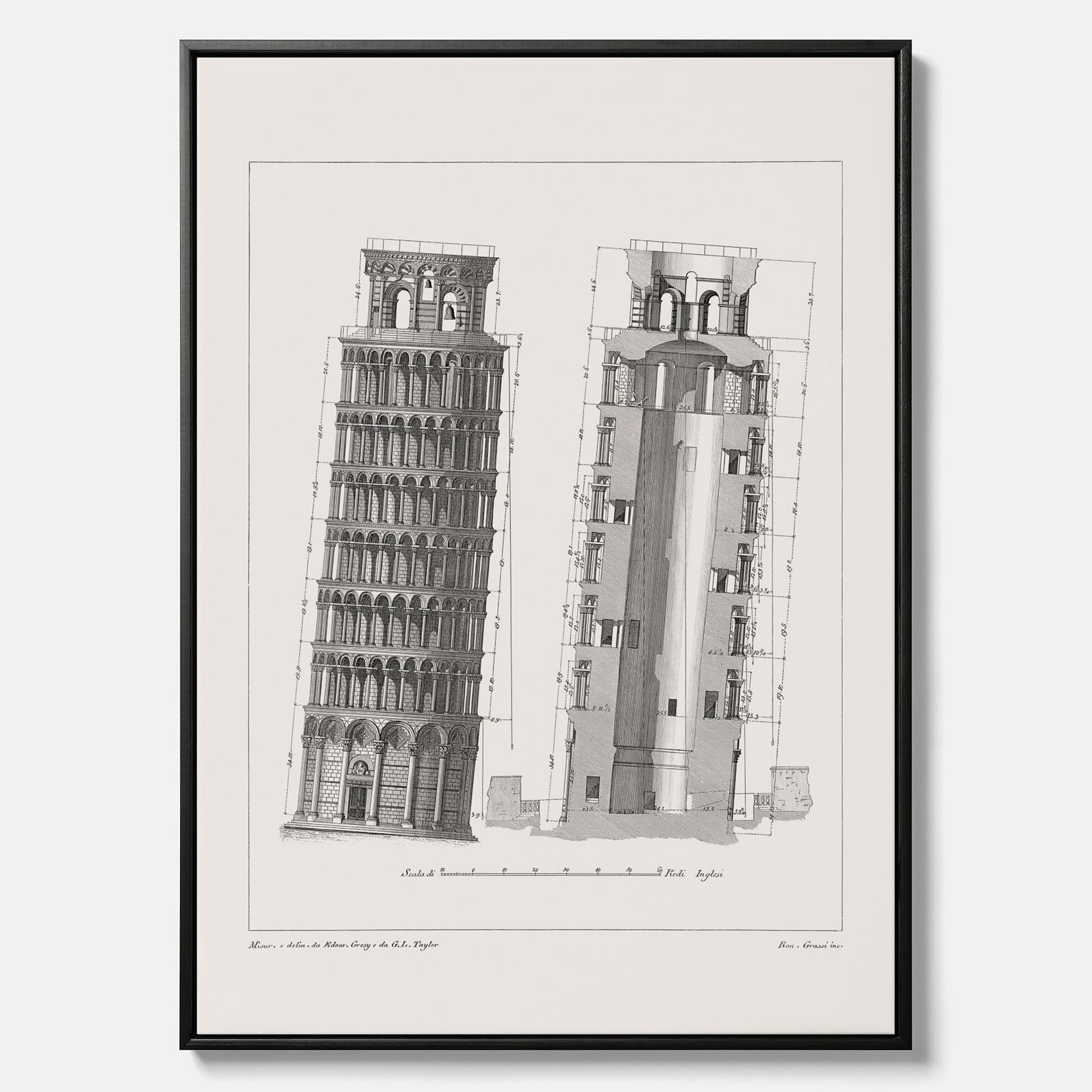 Canvastavla med en vintageposter som visar en illustration av Lutande tornet i Pisa, arkitektritning