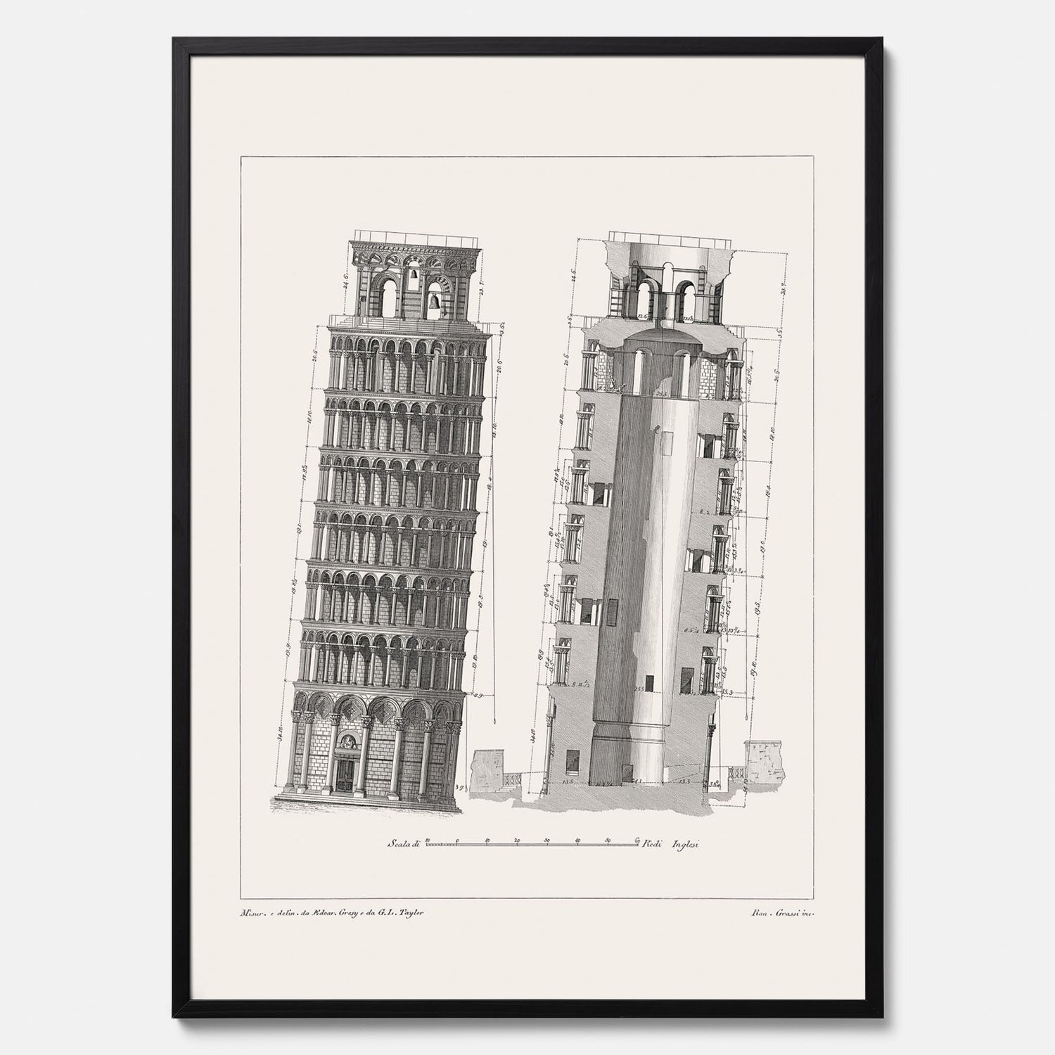 Tavla med en vintageposter som visar en illustration av Lutande tornet i Pisa, arkitektritning