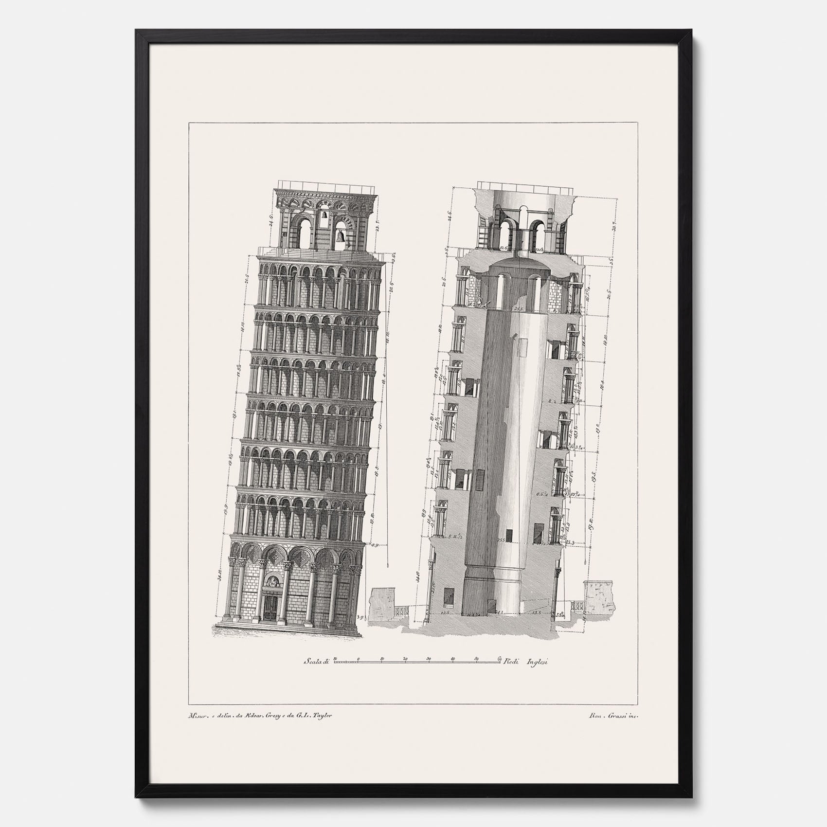Tavla med en vintageposter som visar en illustration av Lutande tornet i Pisa, arkitektritning