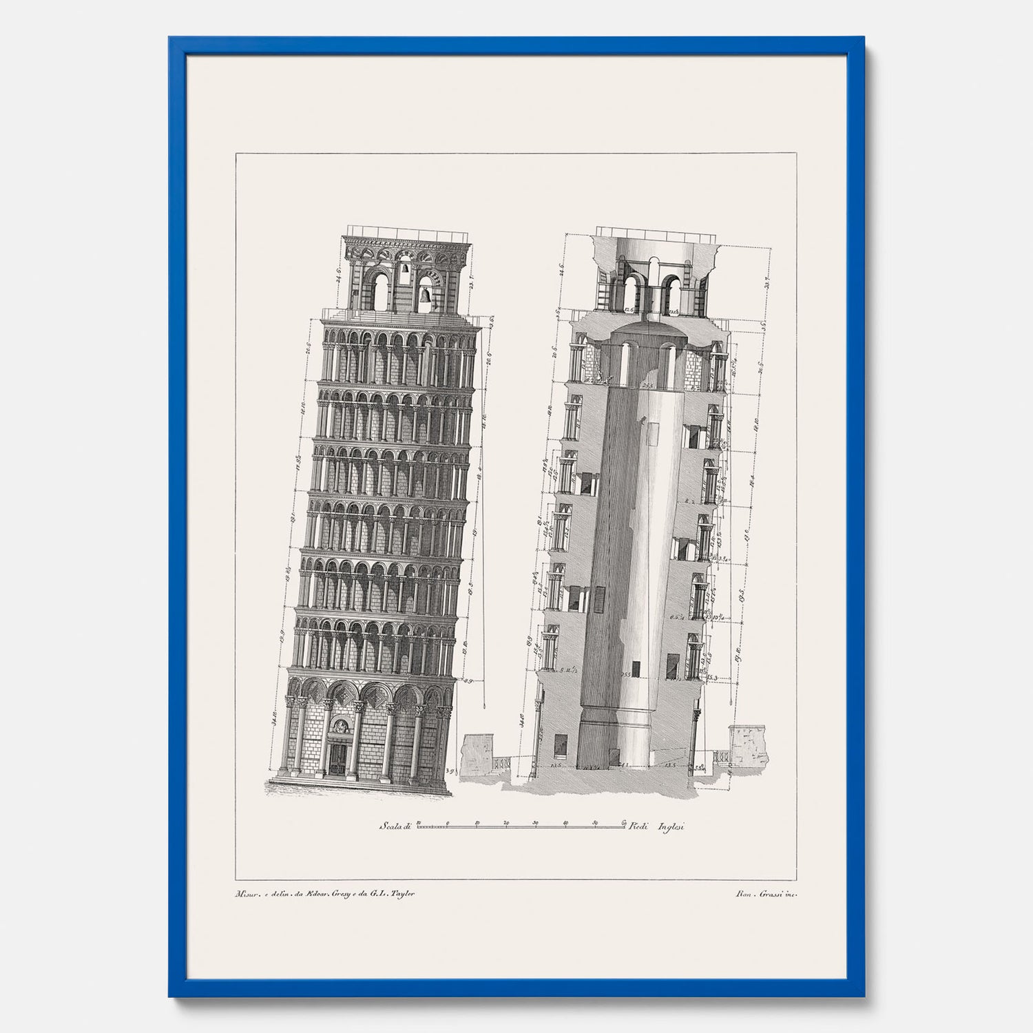 Tavla med en vintageposter som visar en illustration av Lutande tornet i Pisa, arkitektritning