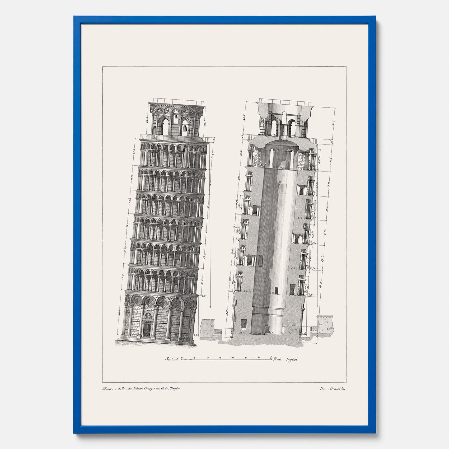 Tavla med en vintageposter som visar en illustration av Lutande tornet i Pisa, arkitektritning