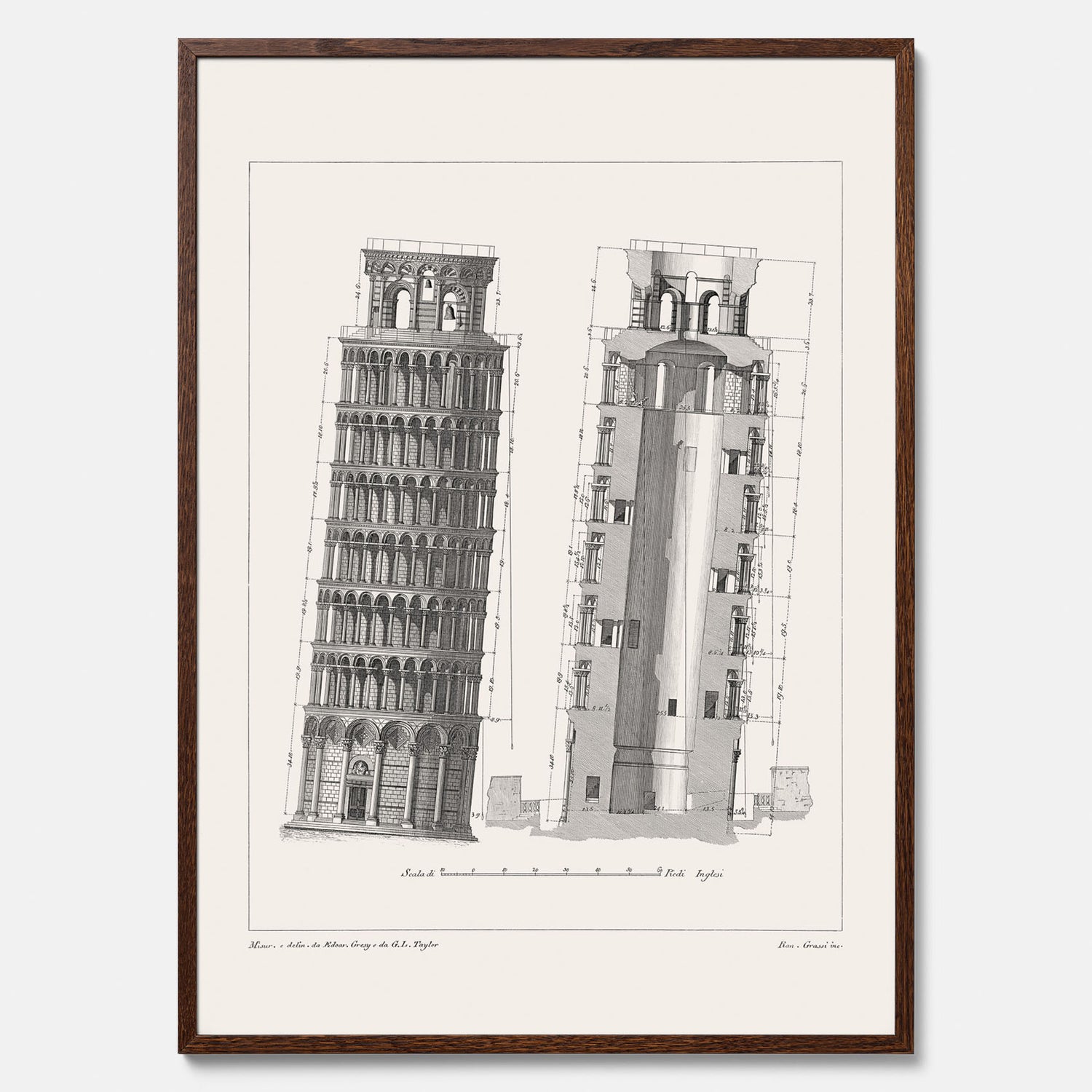 Tavla med en vintageposter som visar en illustration av Lutande tornet i Pisa, arkitektritning