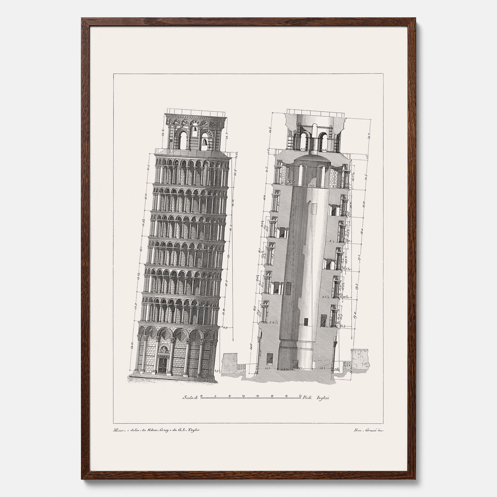 Tavla med en vintageposter som visar en illustration av Lutande tornet i Pisa, arkitektritning