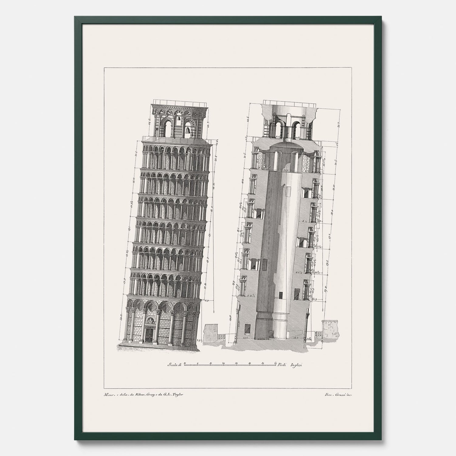 Tavla med en vintageposter som visar en illustration av Lutande tornet i Pisa, arkitektritning