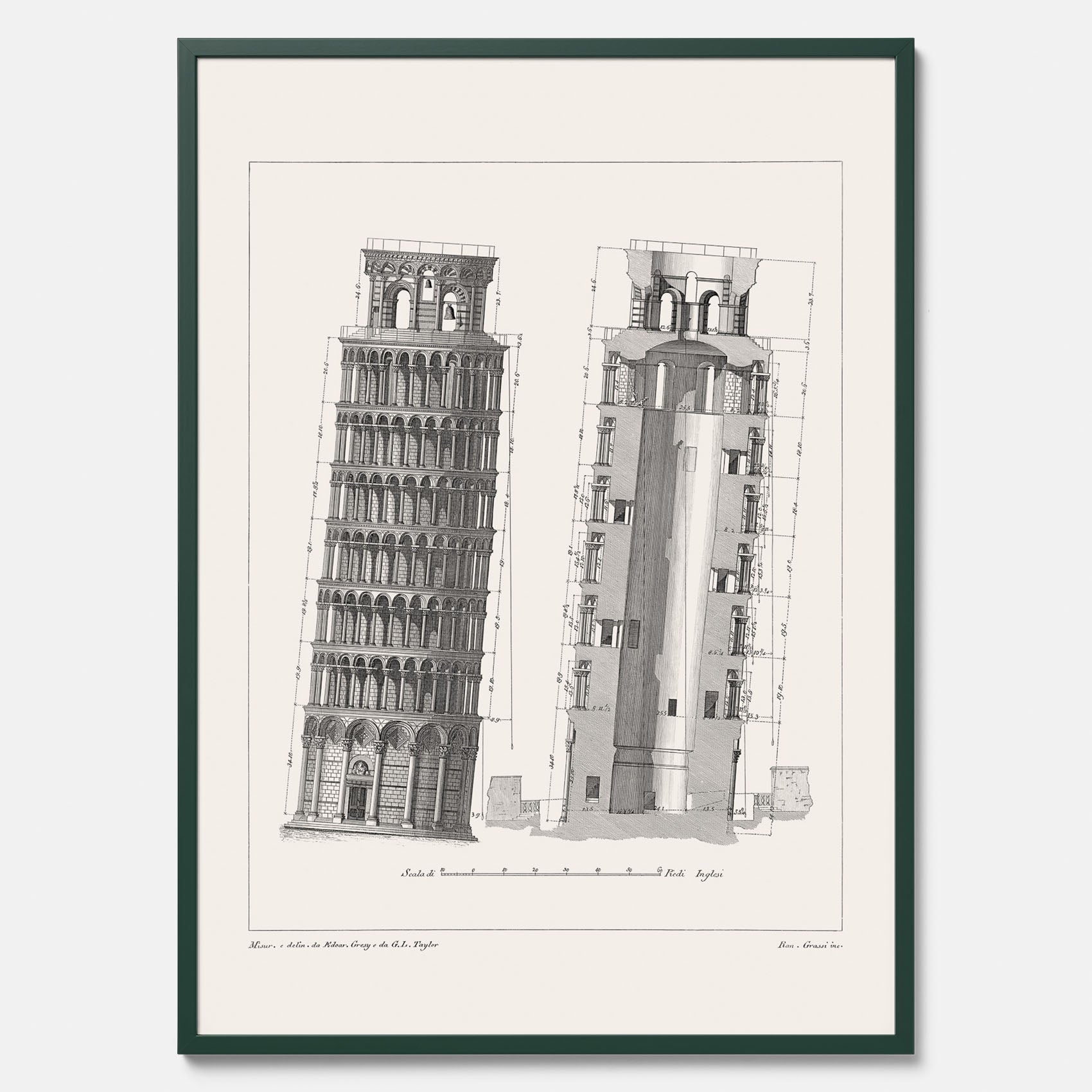 Tavla med en vintageposter som visar en illustration av Lutande tornet i Pisa, arkitektritning