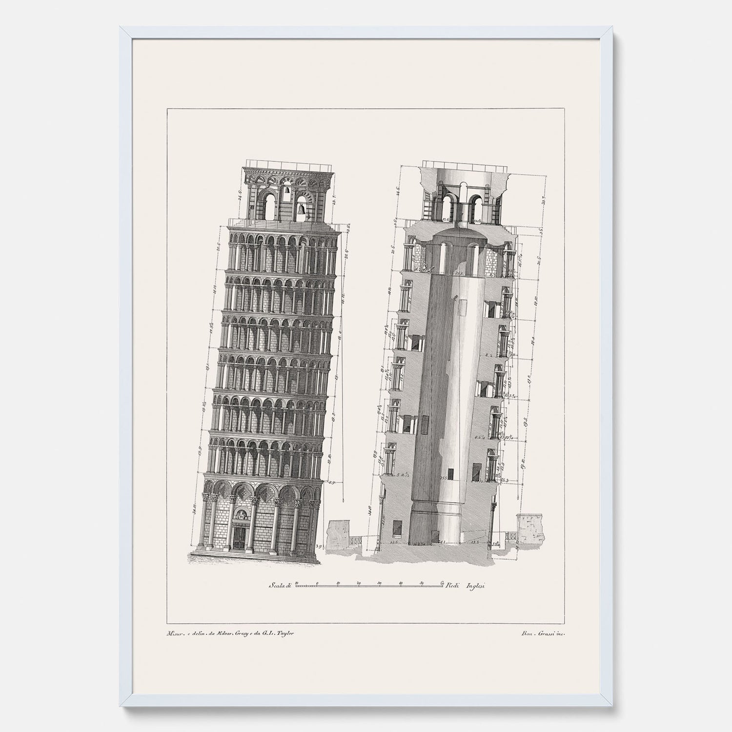 Tavla med en vintageposter som visar en illustration av Lutande tornet i Pisa, arkitektritning
