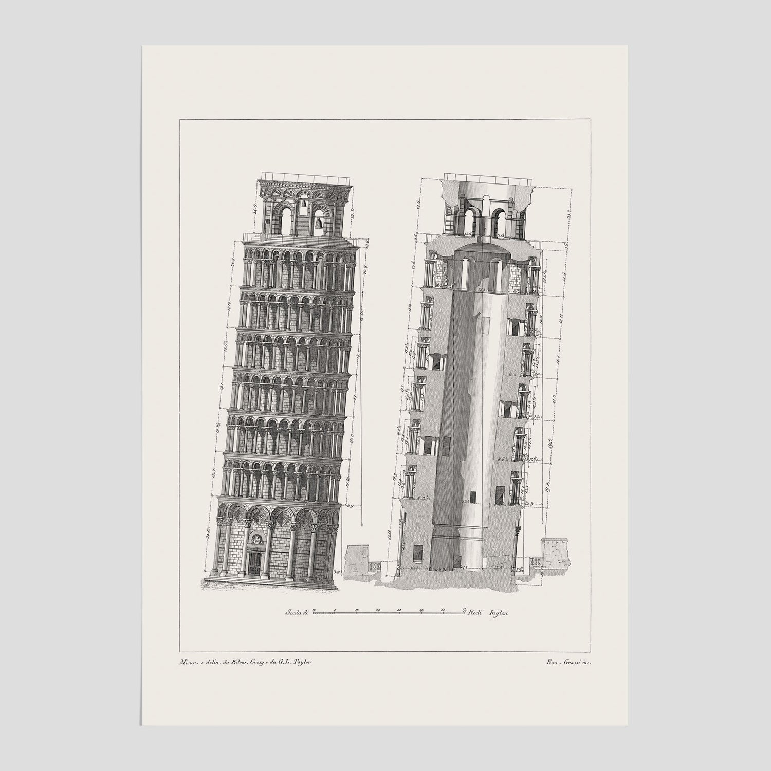 Vintageposter som visar en illustration av Lutande tornet i Pisa, arkitektritning