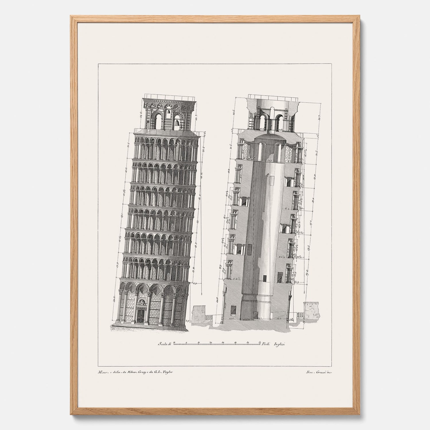 Tavla med en vintageposter som visar en illustration av Lutande tornet i Pisa, arkitektritning