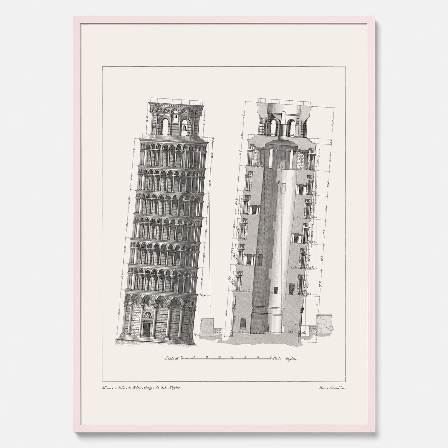Tavla med en vintageposter som visar en illustration av Lutande tornet i Pisa, arkitektritning