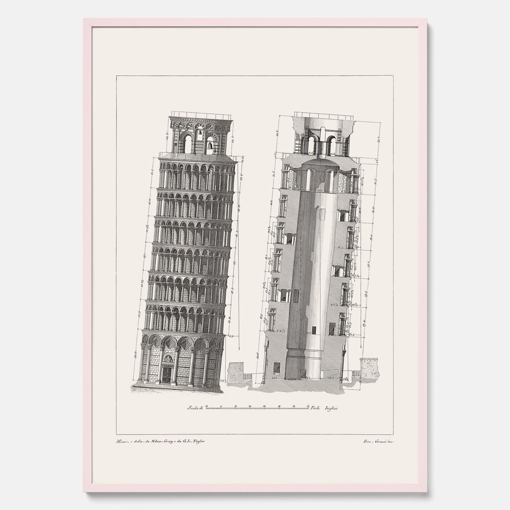 Tavla med en vintageposter som visar en illustration av Lutande tornet i Pisa, arkitektritning