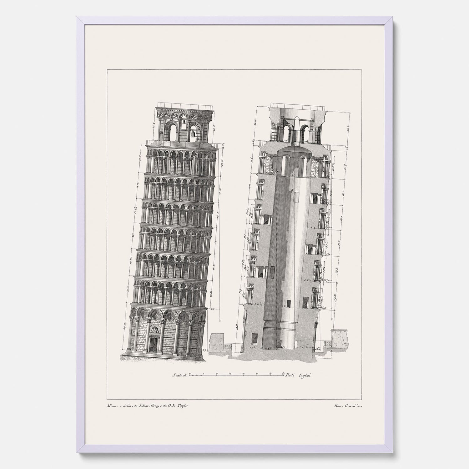 Tavla med en vintageposter som visar en illustration av Lutande tornet i Pisa, arkitektritning