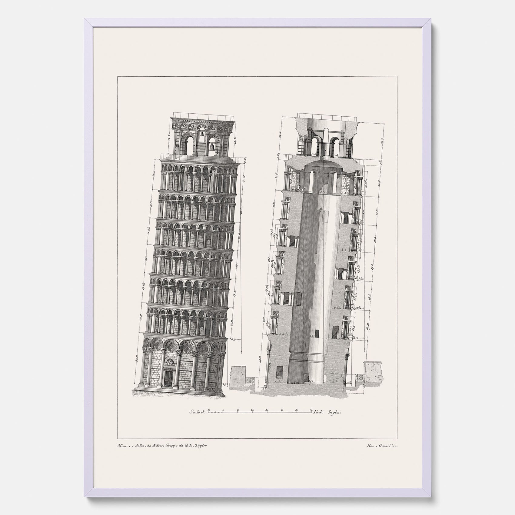 Tavla med en vintageposter som visar en illustration av Lutande tornet i Pisa, arkitektritning