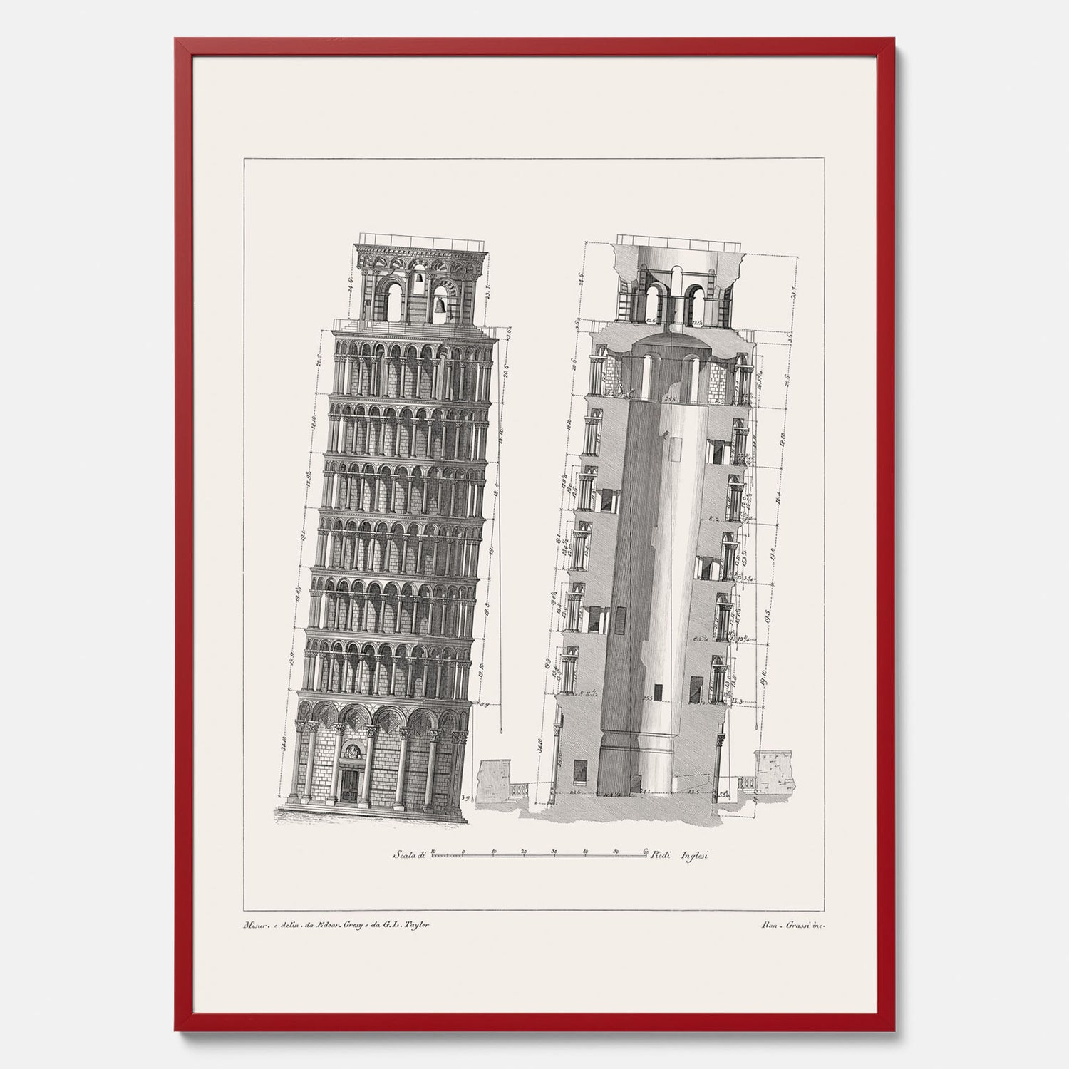 Tavla med en vintageposter som visar en illustration av Lutande tornet i Pisa, arkitektritning