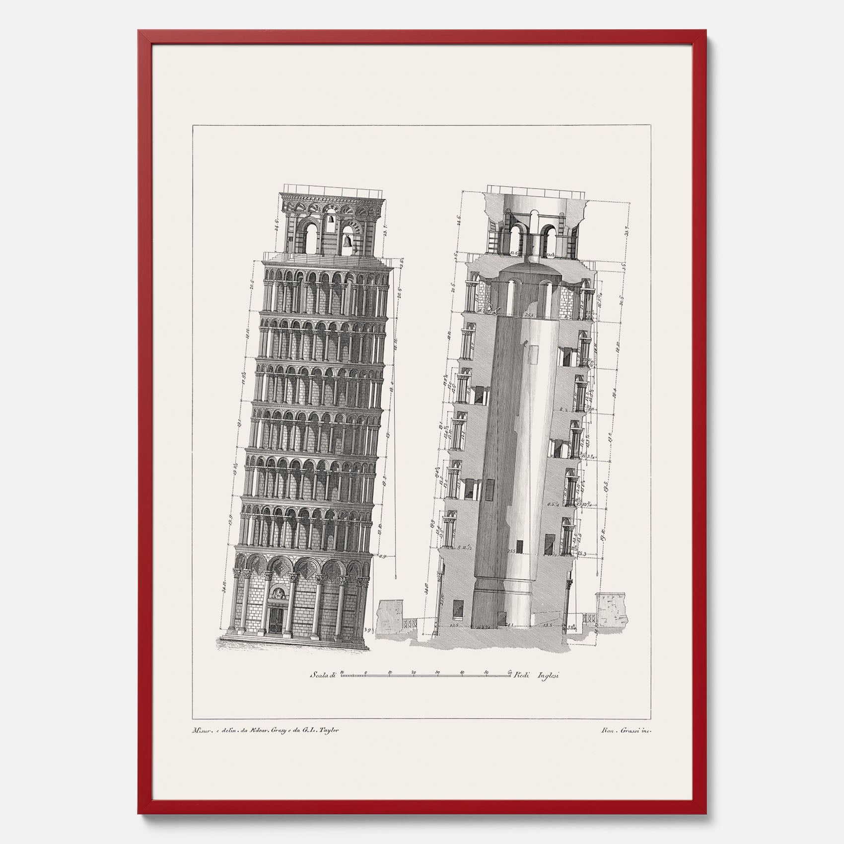 Tavla med en vintageposter som visar en illustration av Lutande tornet i Pisa, arkitektritning
