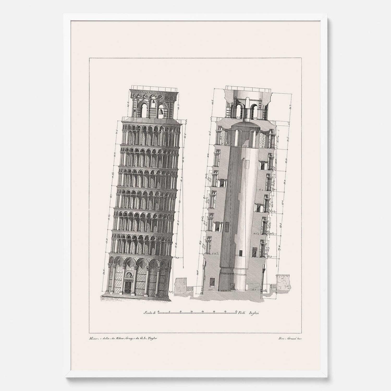 Tavla med en vintageposter som visar en illustration av Lutande tornet i Pisa, arkitektritning