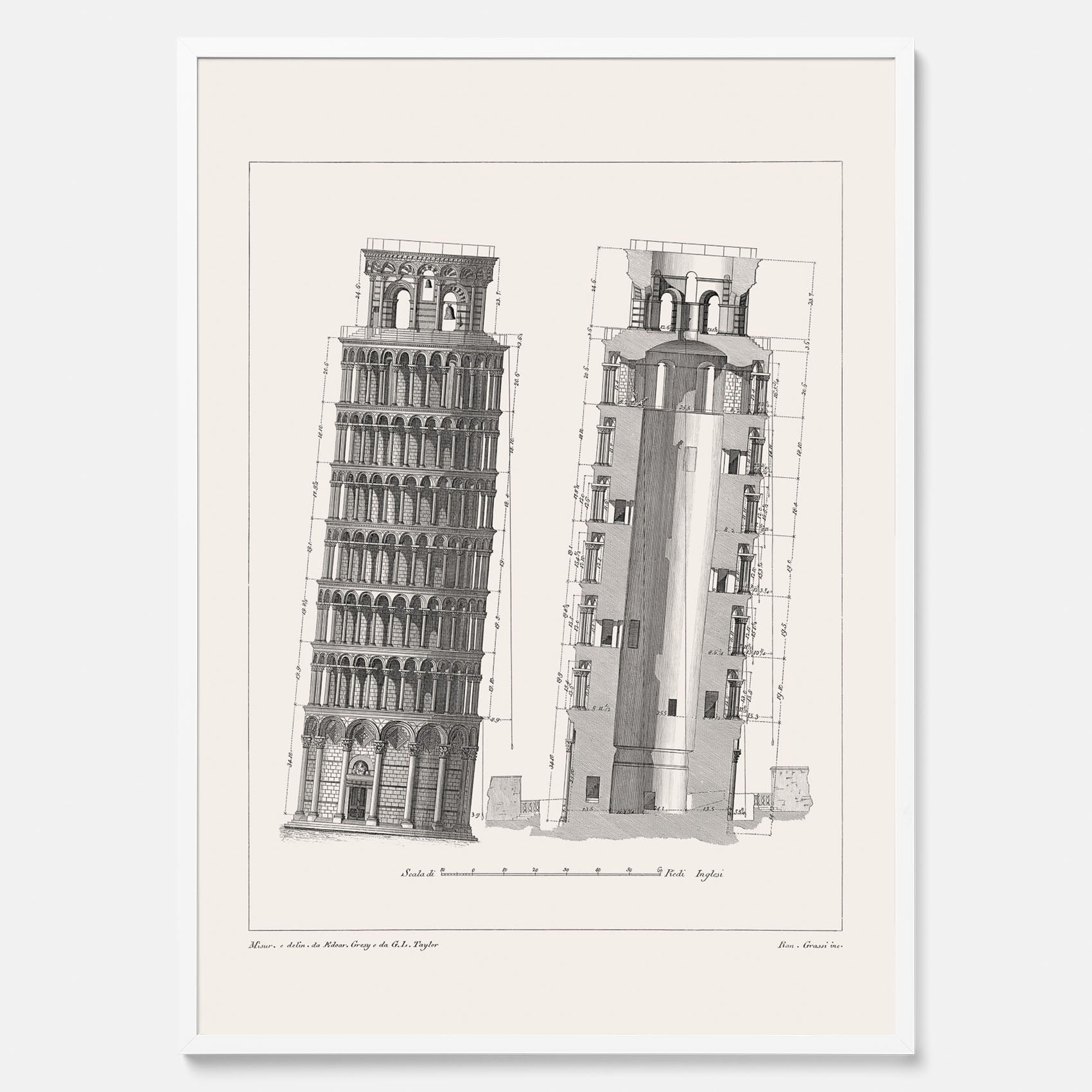 Tavla med en vintageposter som visar en illustration av Lutande tornet i Pisa, arkitektritning